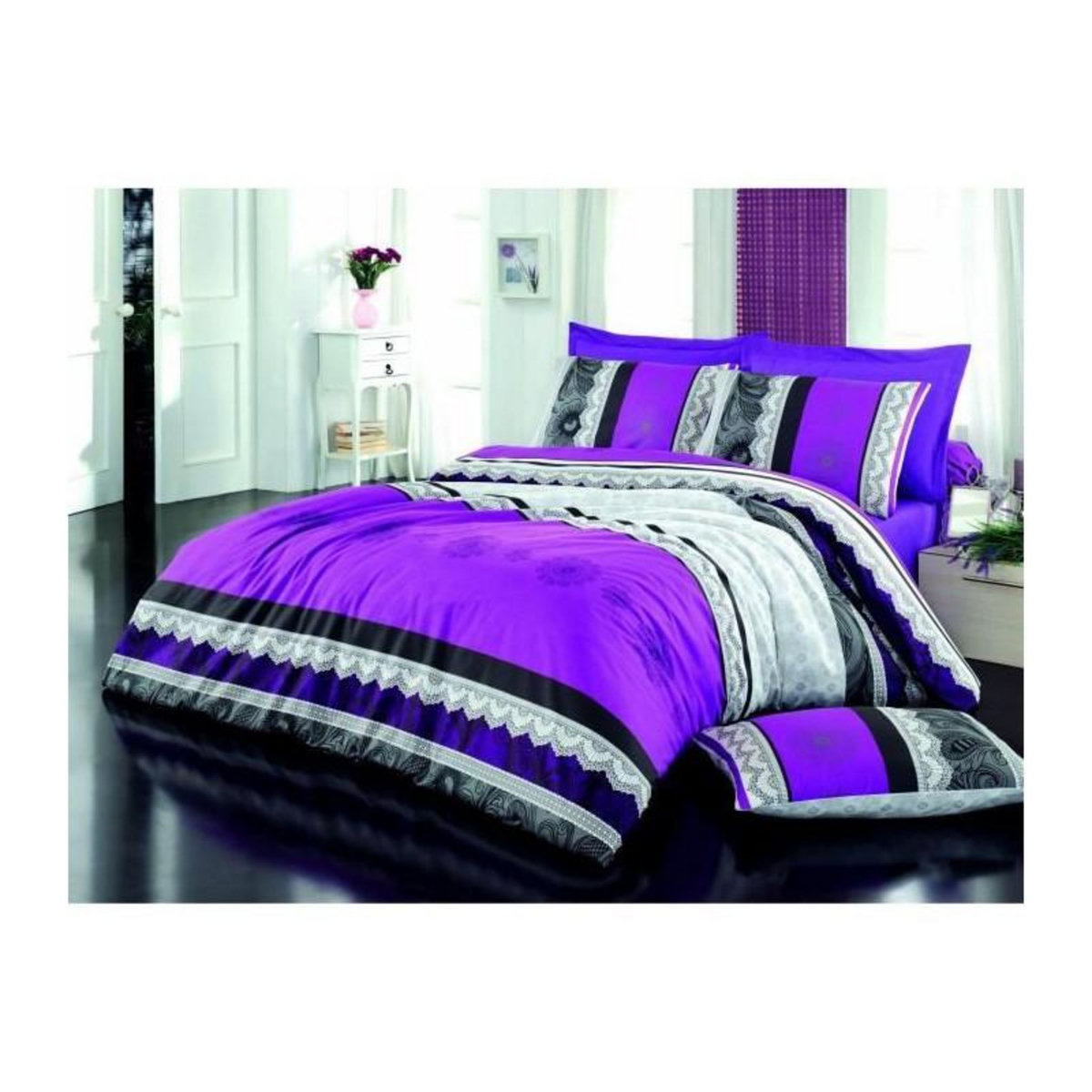GENERIQUE Parure de lit - 1 housse de couette 220 x 240 cm + 2 taies d'oreiller 60 x 60 cm - 100% coton renforcé - Lilas