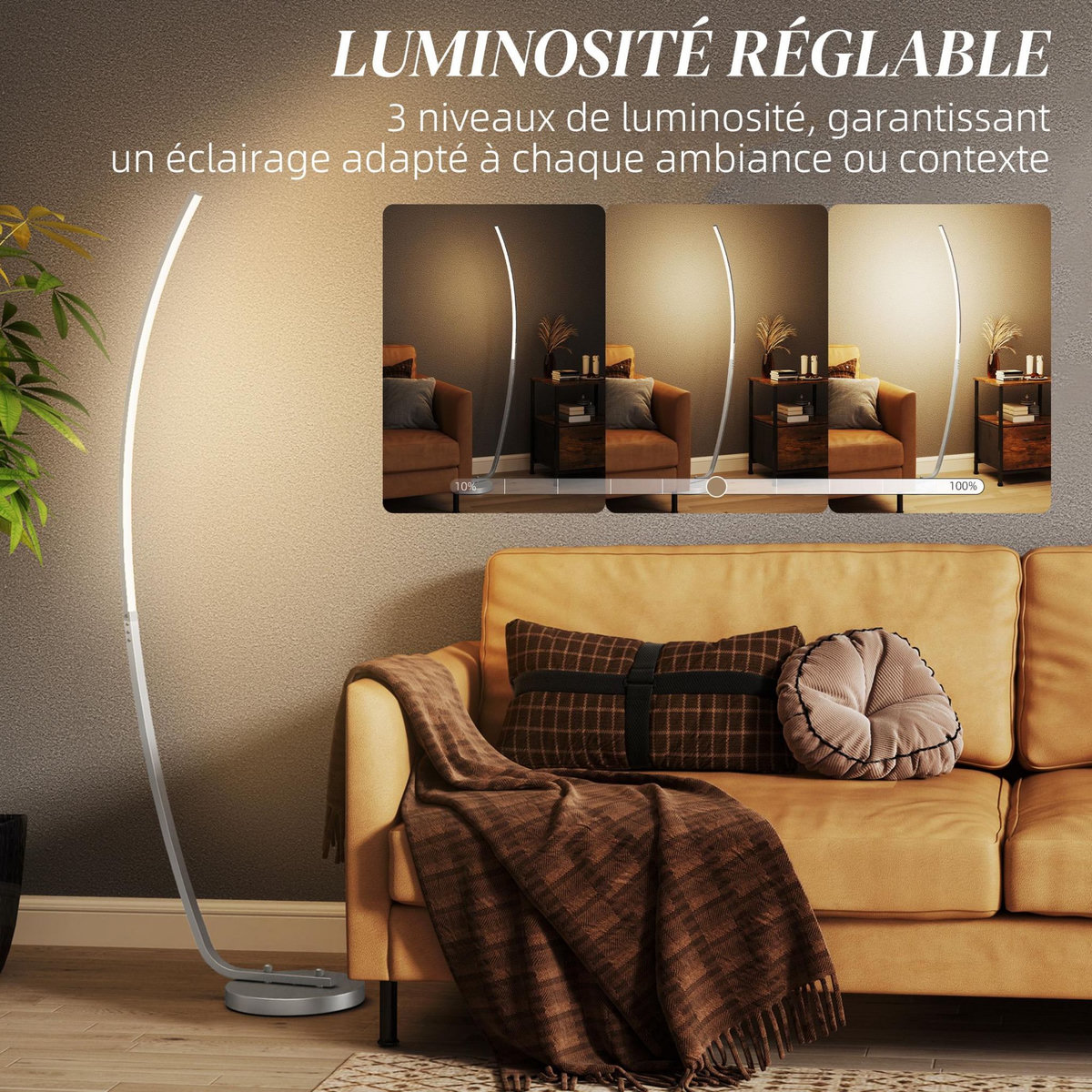 HOMCOM Lampadaire arc design LED - luminosité réglable - H.147 cm - alliage alu.