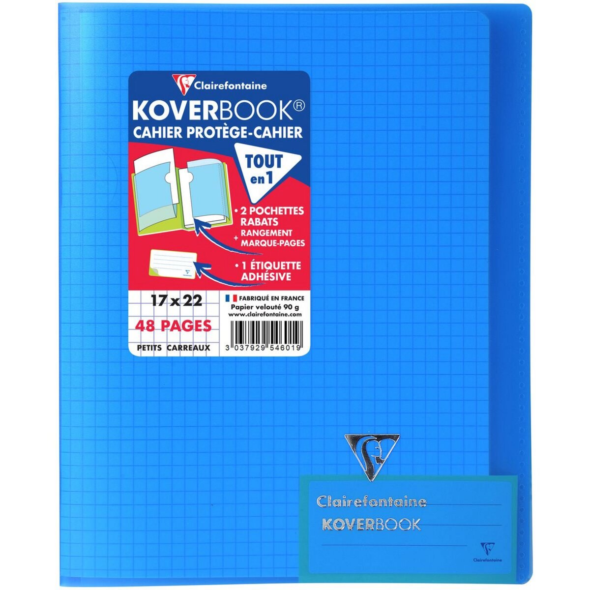 CLAIREFONTAINE Cahier piqué polypro Koverbook 17x22cm 48 pages petits carreaux 5x5 translucide bleu