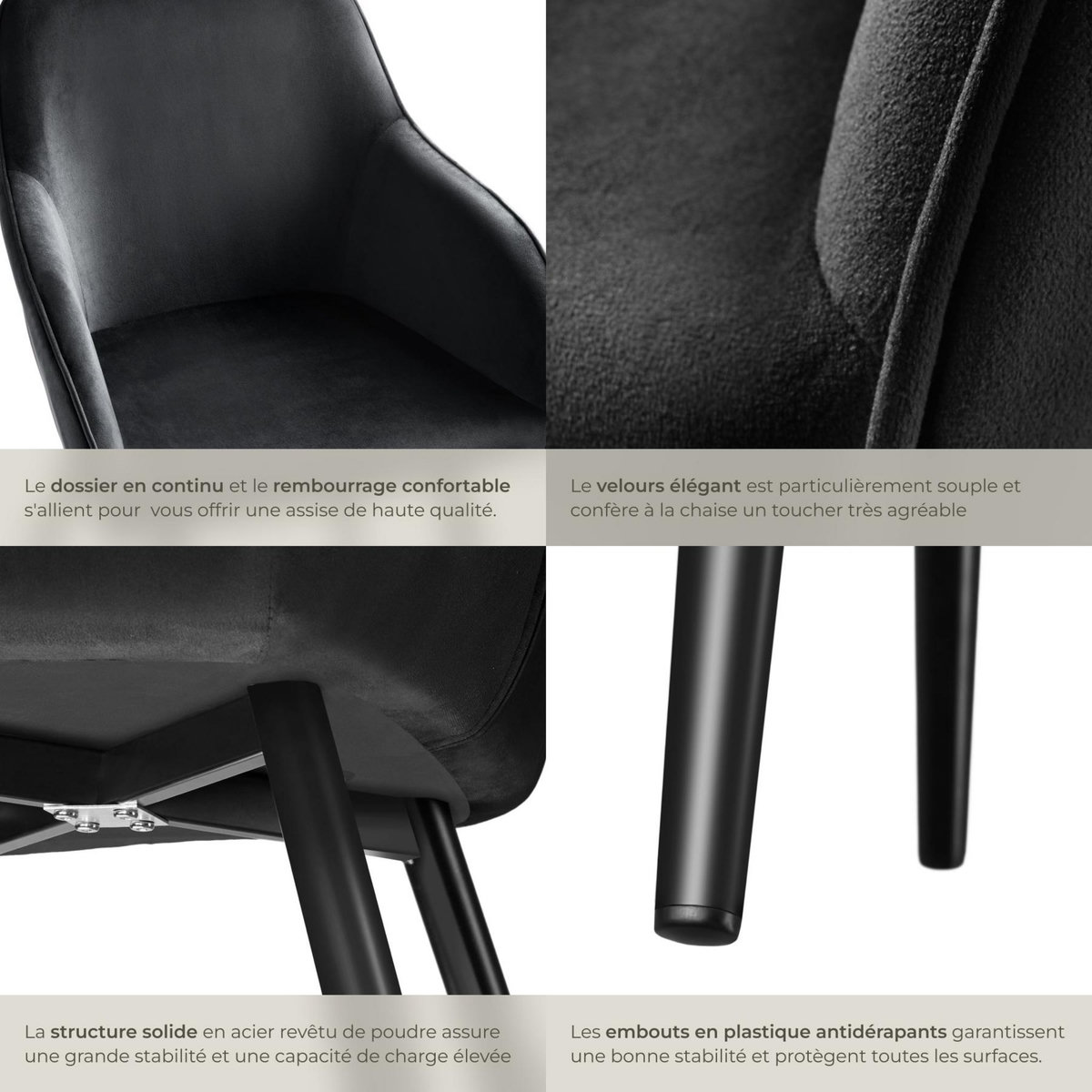 tectake Chaise style scandinave rembourrée aspect velours noir Lot de 6