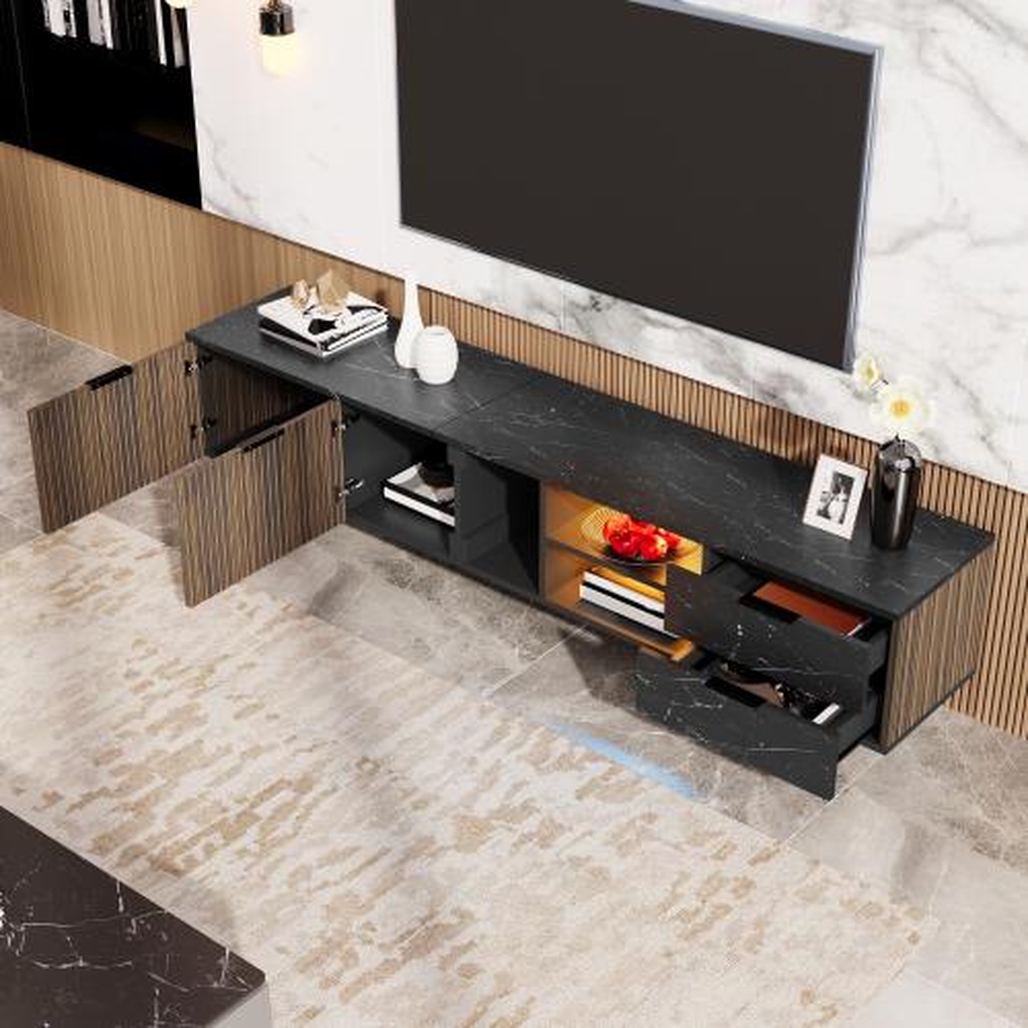 Voir la diapositive 5 : MERAX Meuble tv noir+naturel 200 cm led mdf
