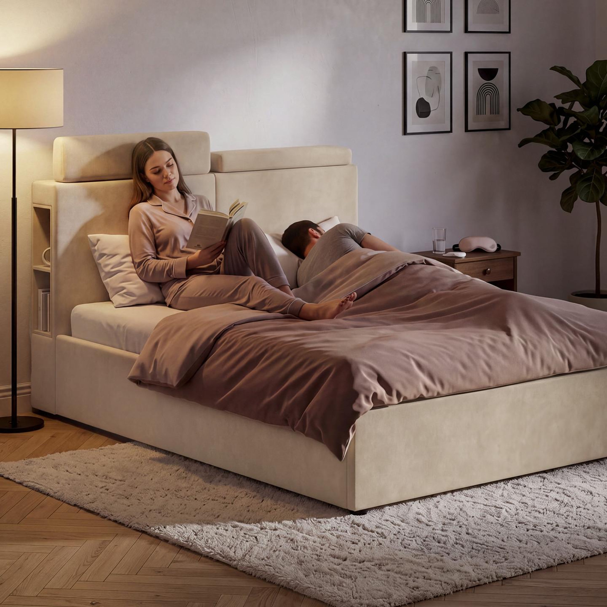 Voir la diapositive 3 : ID MARKET Lit coffre double BASTIAN avec rangements, tête de lit à appuis-tête réglables et sommier 140 x 190 cm velours beige