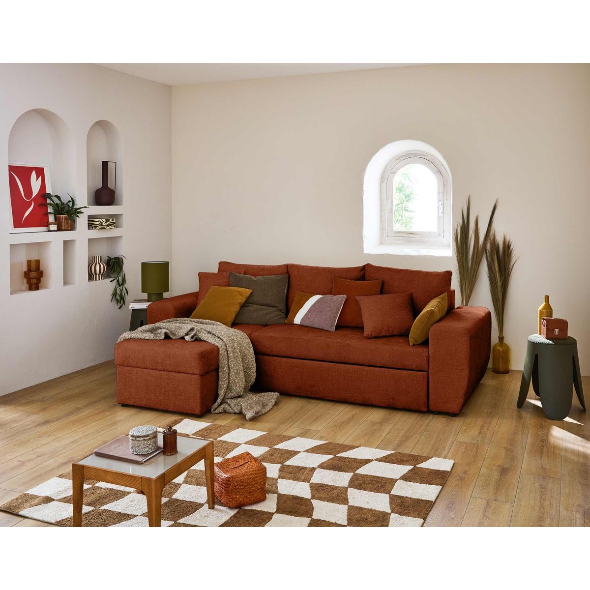 BEST MOBILIER Milan - canapé d'angle réversible 4 places - convertible avec coffre - en velours texturé