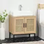 KLEANKIN Meuble salle de bain - meuble sous-vasque - 2 portes, étagère réglable - piètement acier noir rotin panneaux aspect chêne clair