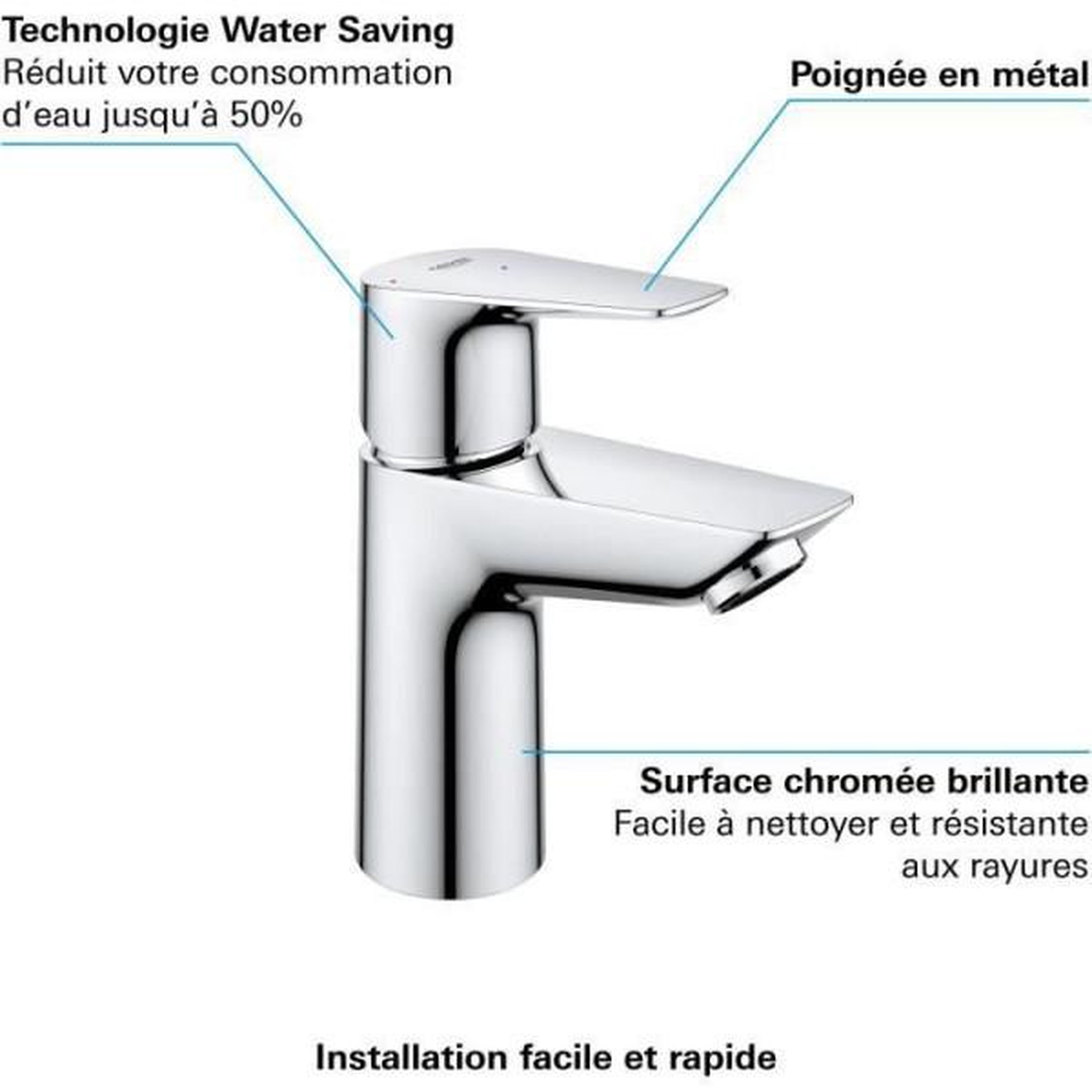 Voir la diapositive 4 : Grohe Mitigeur lavabo salle de bains - grohe - monotrou - chromé - economie d'eau