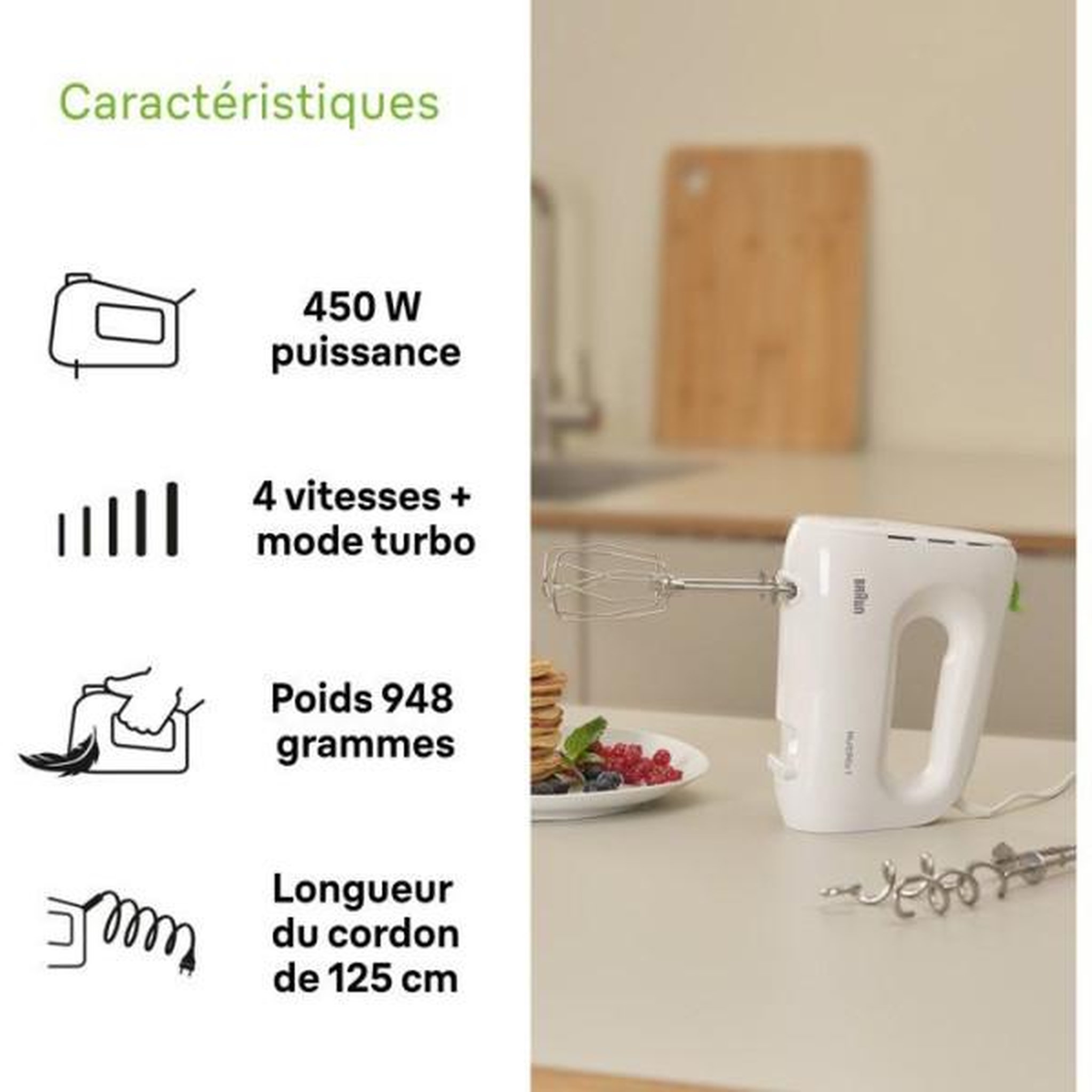 Voir la diapositive 3 : BRAUN Batteur Fouet Electrique  éléctrique - BRAUN - HM1100WH MultiMix 1 - 450 W - 4 vitesses + turbo - Blanc