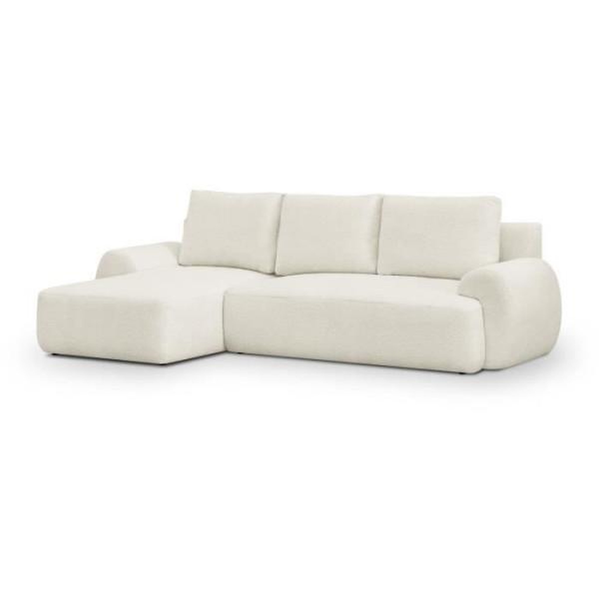 MARKET24 Canapé d'angle gauche convertible 4/5 places MILO - Tissu bouclette beige clair - Coffre de rangement - L 264 x H 84 x P 99/145