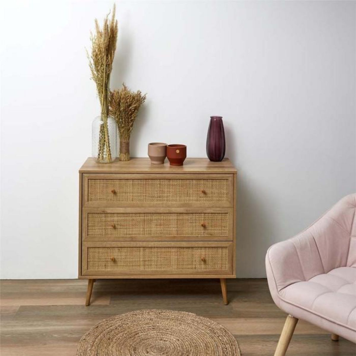 Paris Prix Commode en Bois 3 Tiroirs  Bali  90cm Naturel