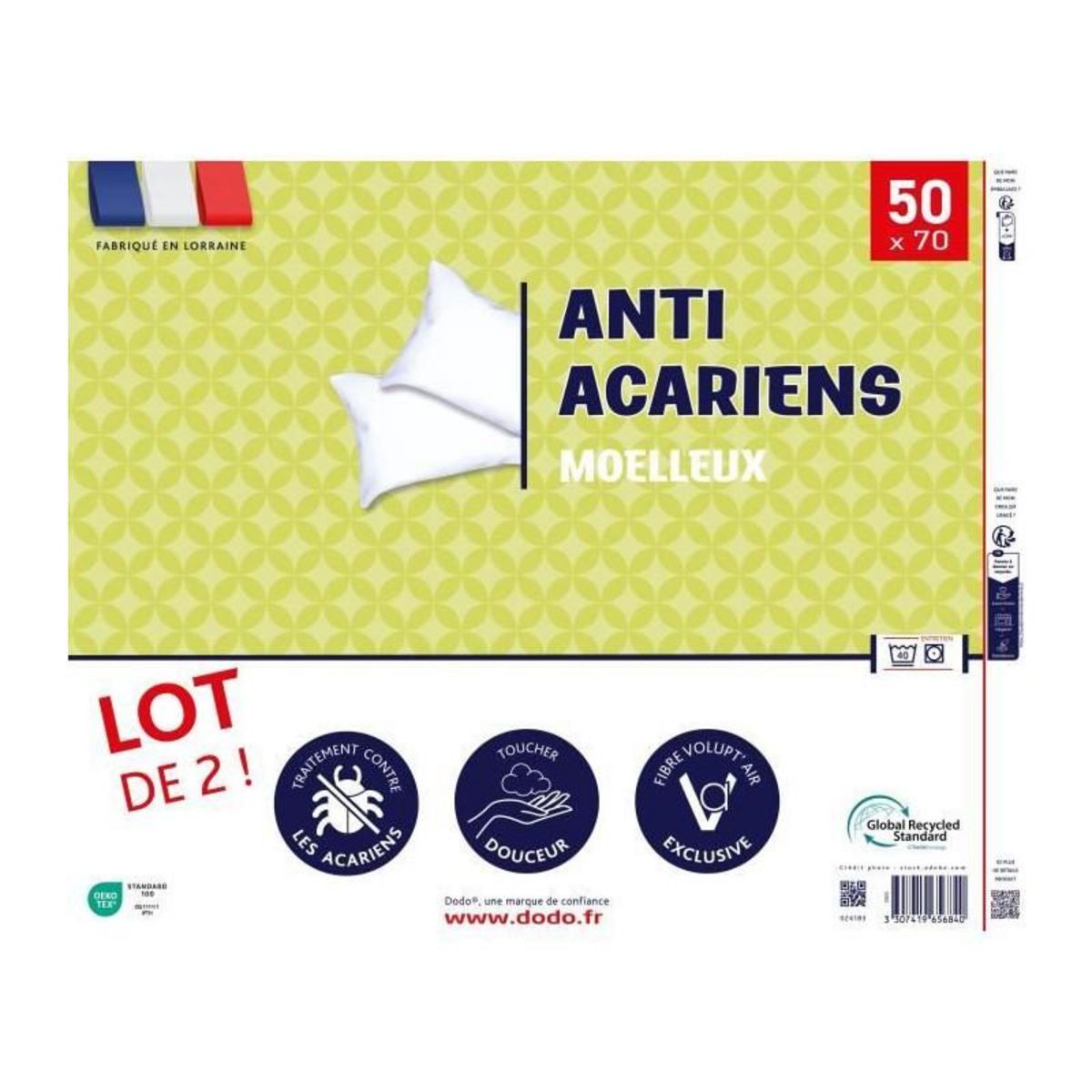 DODO Lot de 2 oreillers anti-acariens 50x70 cm - 100% Polyester - DODO