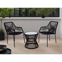 MOANA - salon bas de jardin 4 pl + table - corde, métal et bois - noir  coussins gris 