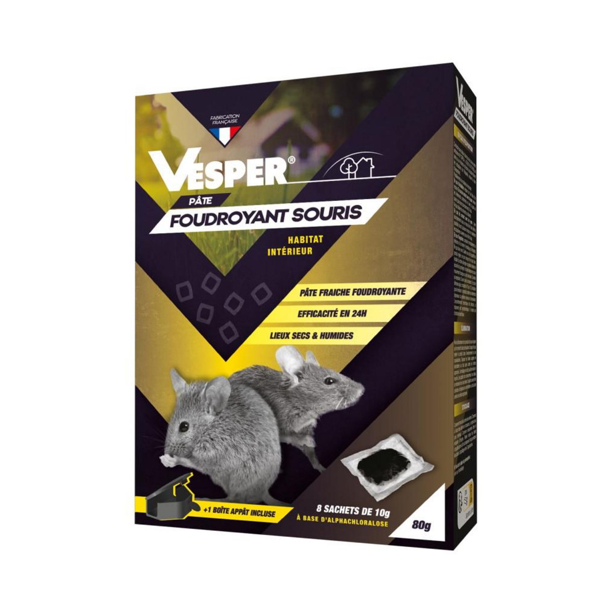 Vesper Pâte appât prêt à l'emploi pour souris + 1 boîte appât - 8 sachets de 10 g