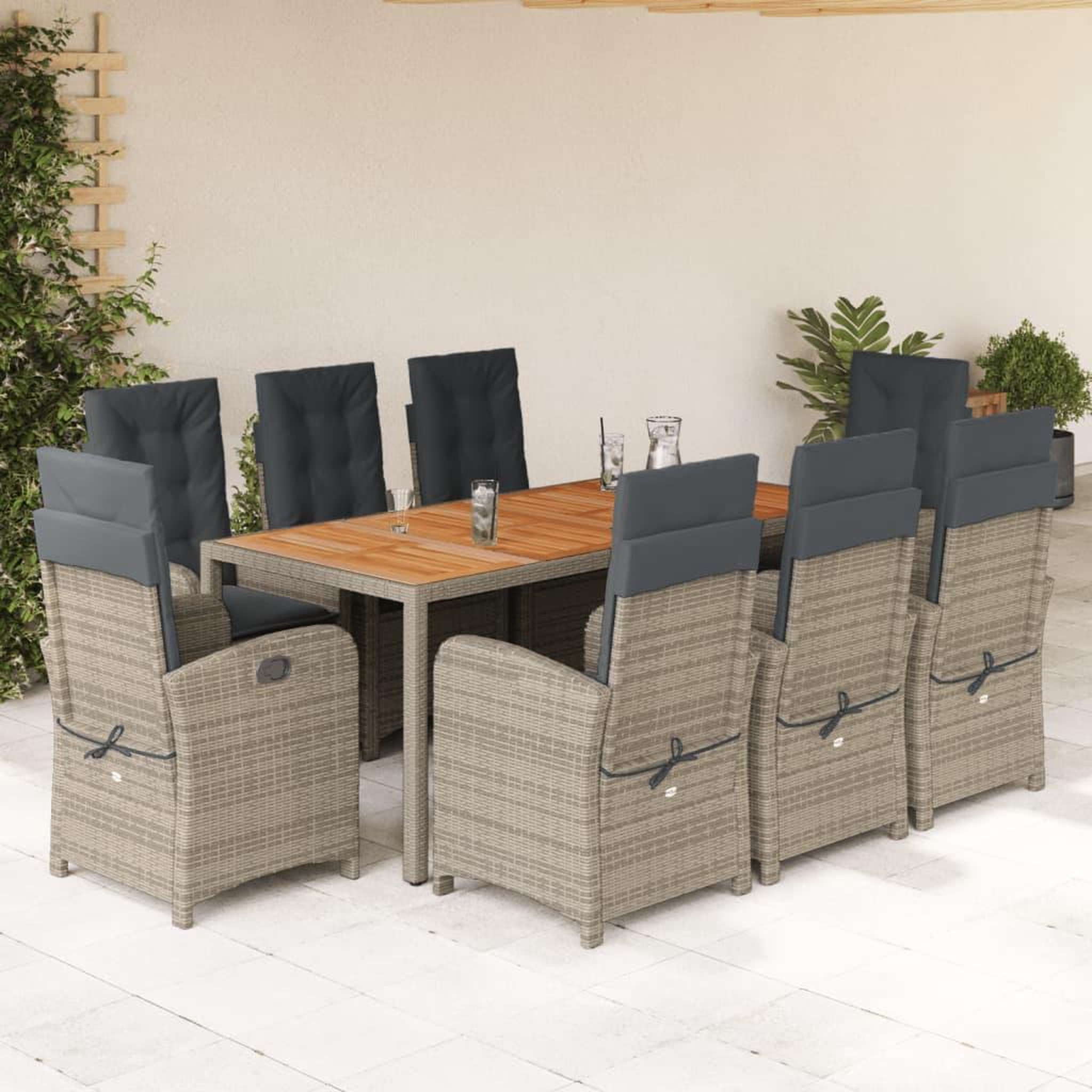 VIDAXL Ensemble a manger de jardin 9 pcs coussins gris resine tressee