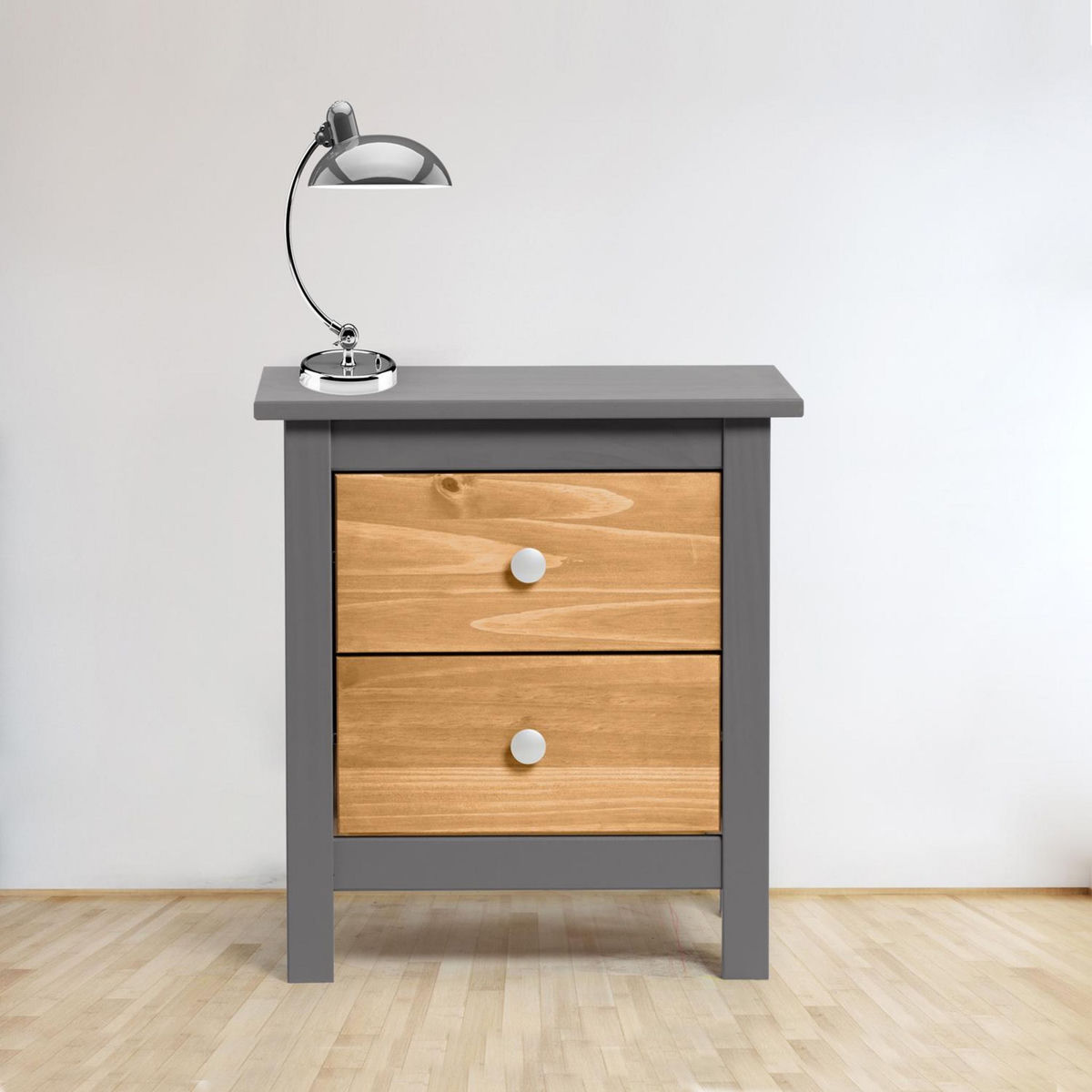 VS VENTA-STOCK Table Chevet Bonnie Gris 2 Tiroirs, Fabriqué en Bois de pin Massif