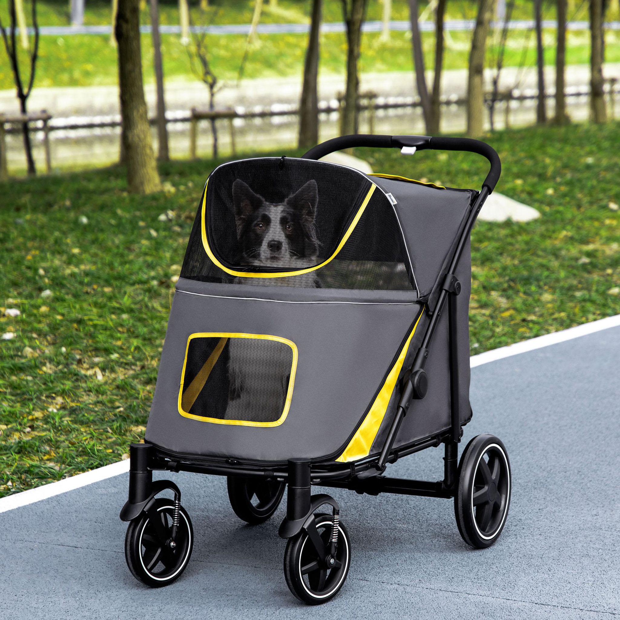 Voir la diapositive 2 : PAWHUT Poussette pour chien pliable 4 roues 2 portes rangements attache noir gris jaune