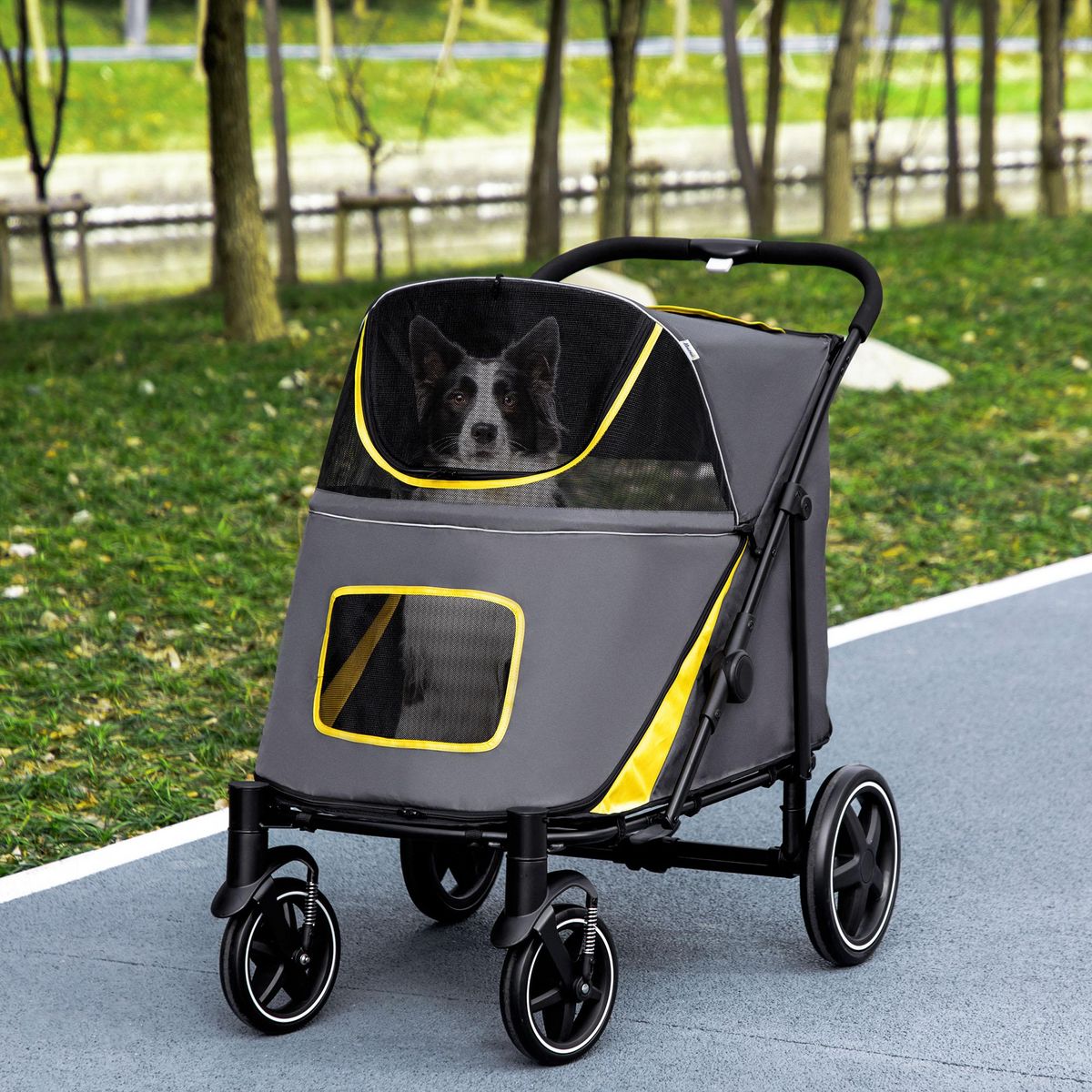 PAWHUT Poussette pour chien pliable 4 roues 2 portes rangements attache noir gris jaune