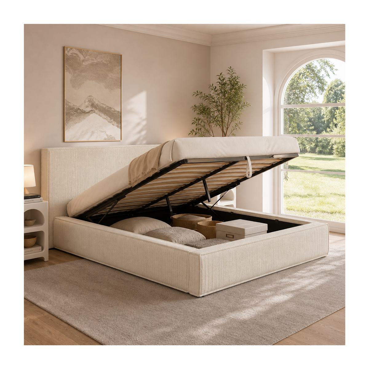 ID MARKET Lit coffre double JADE avec sommier 140 x 190 cm velours côtelé beige