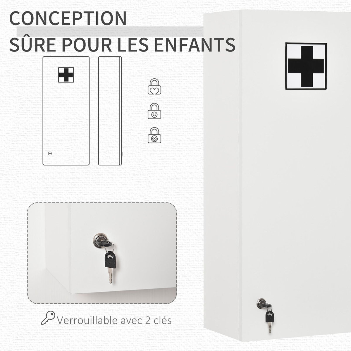 KLEANKIN Armoire à pharmacie murale verrouillable - 5 niveaux - verre panneaux blanc