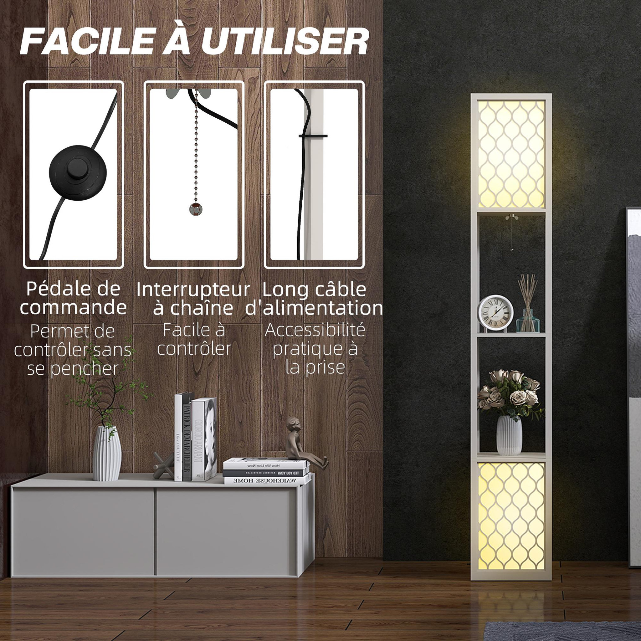 Voir la diapositive 6 : HOMCOM Lampadaire étagère lampe étagère dim. 26l x 26l x 156h cm 2 étagères mdf motif nid d'abeille gris clair