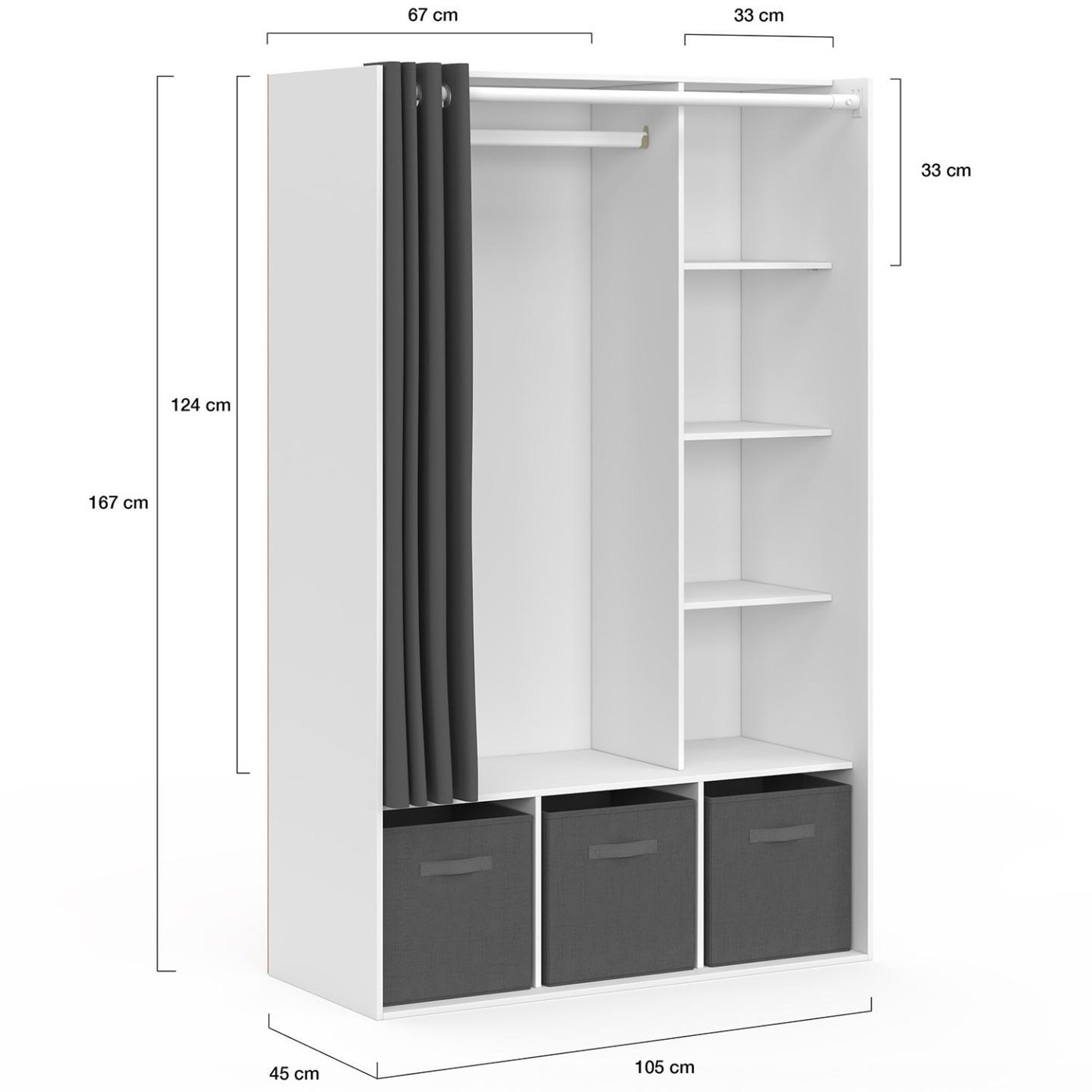 Voir la diapositive 4 : ID MARKET Dressing penderie diane 105 x 45 x 167 cm blanc avec étagères + boites de rangement + rideau gris