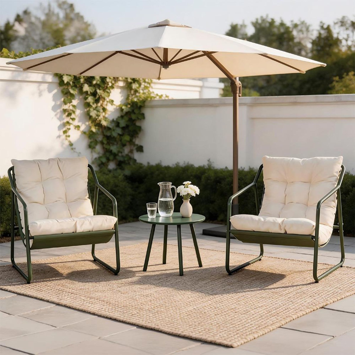 CONCEPT USINE Ensemble de jardin 2 fauteuils vert kaki avec table basse ATRANI