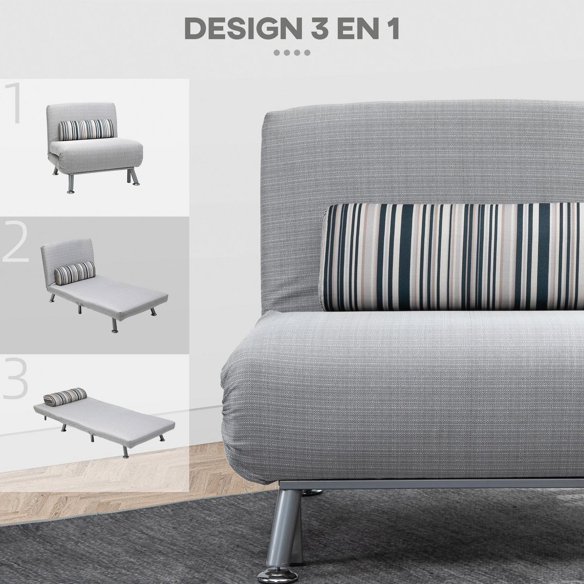 HOMCOM Fauteuil convertible 3 en 1 chauffeuse lit 1 place avec coussin gris