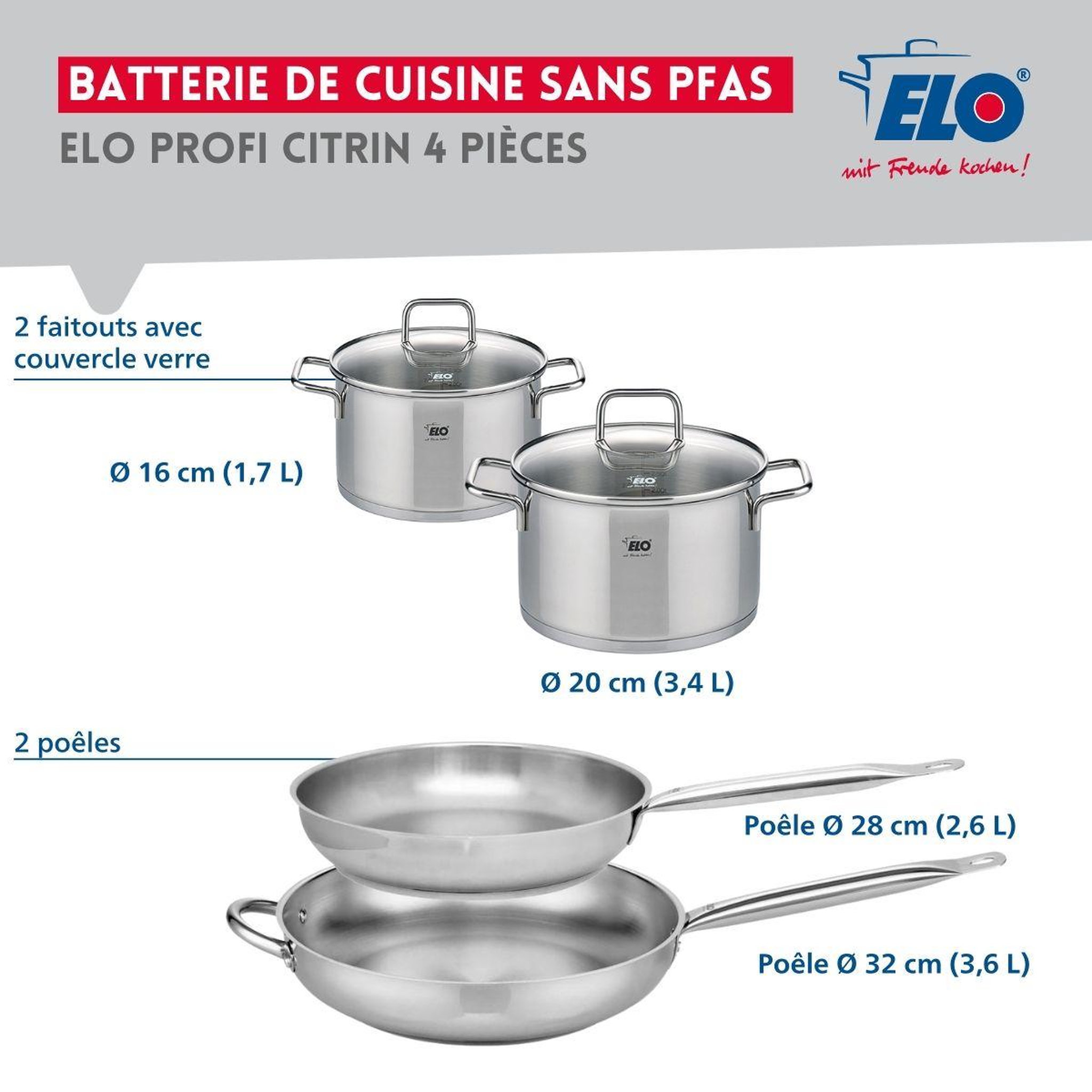 Voir la diapositive 2 : ELO Ensemble de 2 poêles de cuisson 28 et 32 cm et 2 faitouts 16 et 20 cm elo profi citrin