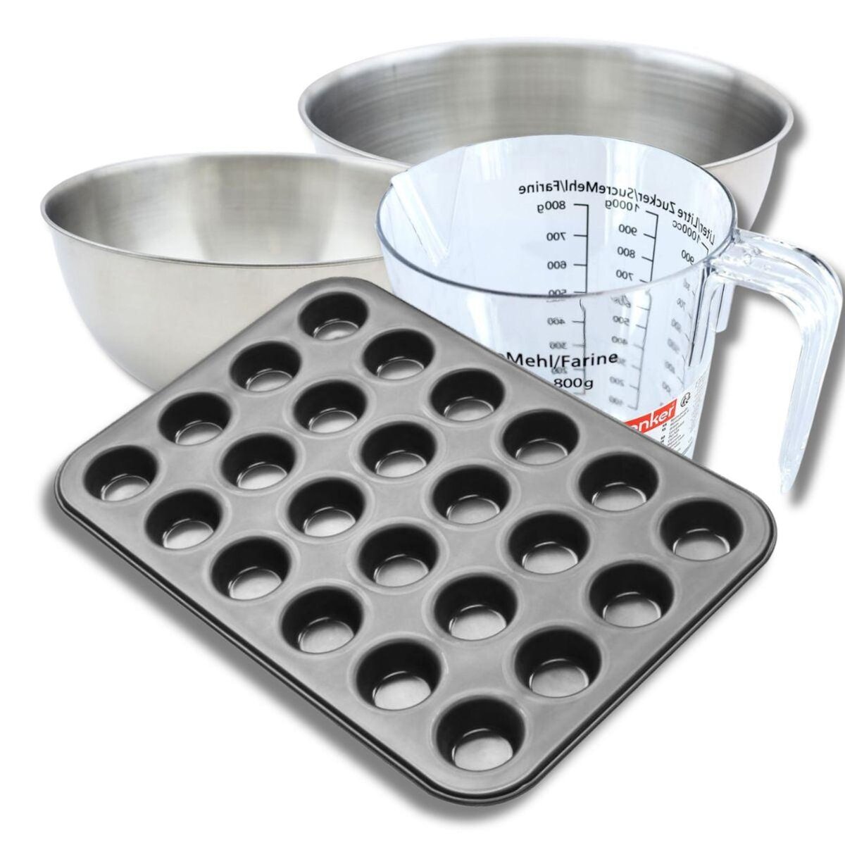 ZENKER Set pâtisserie avec moule à muffins 24 empreintes 38 x 26 cm, 2 bols à mixer, verre mesureur et spatule Zenker