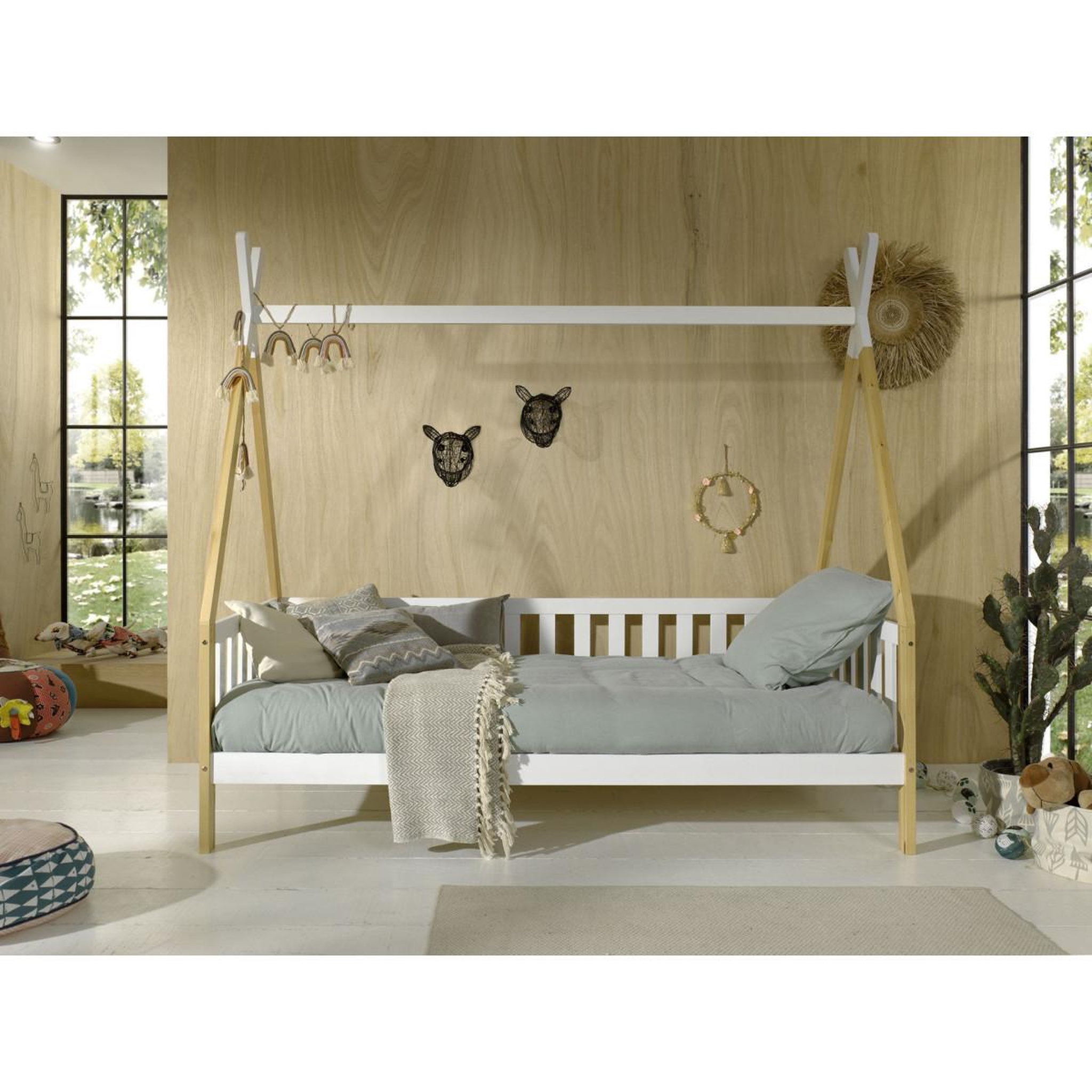 Voir la diapositive 4 : Paris Prix Lit enfant & barrière pin massif  tipi  90x200cm blanc & naturel