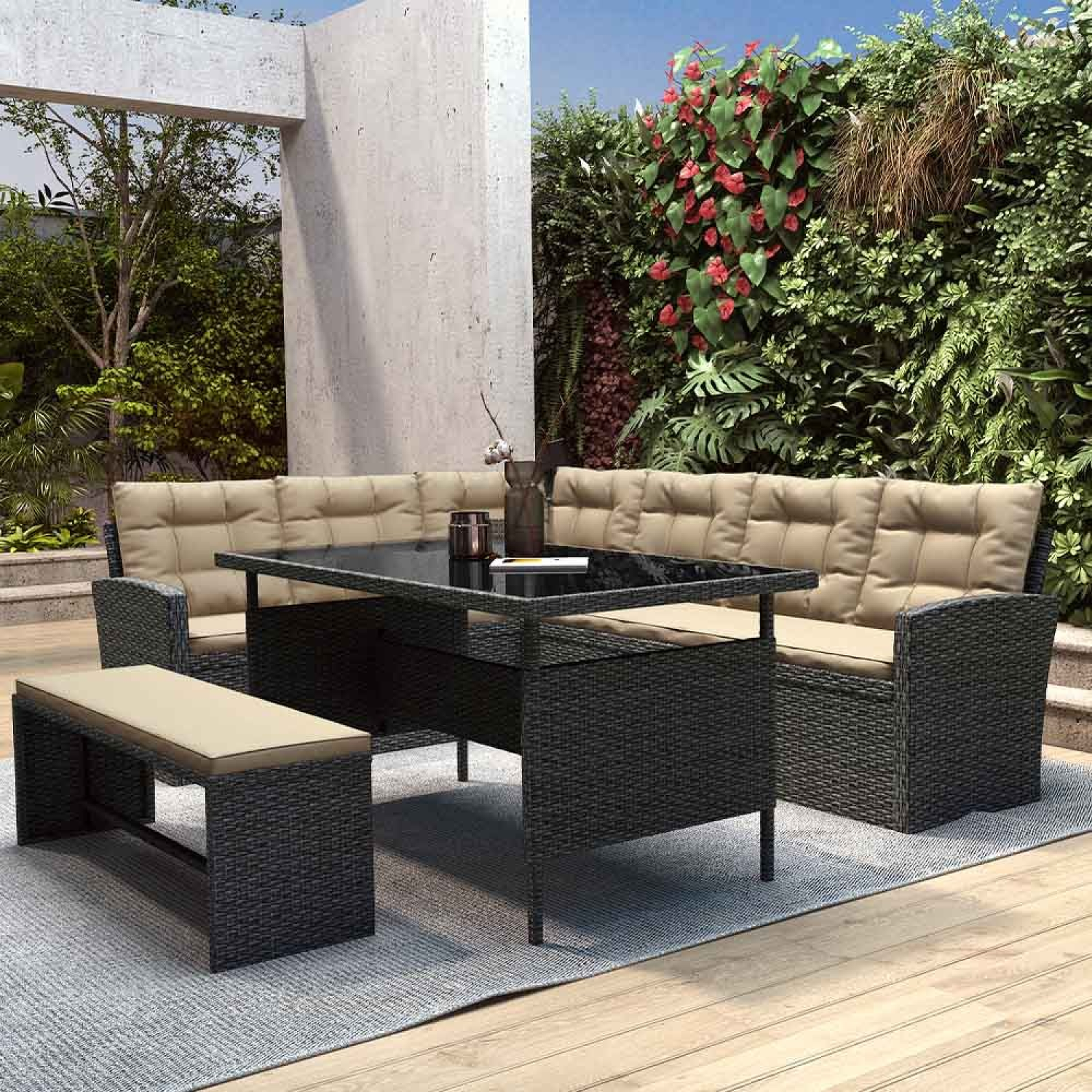 Voir la diapositive 4 : CONCEPT USINE Salon de jardin 8 places résine gris foncé et beige moorea