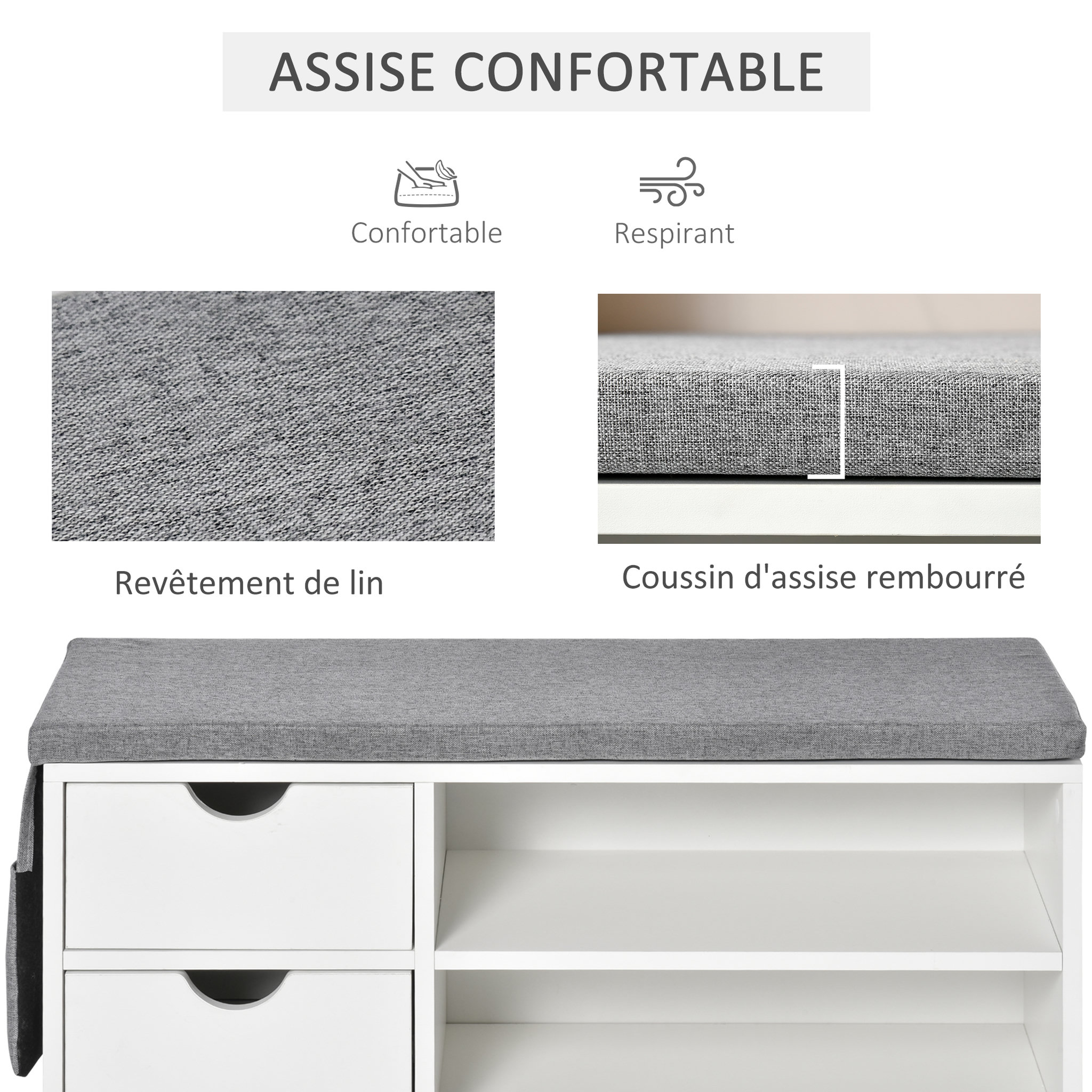 Voir la diapositive 5 : HOMCOM Meuble chaussures et banc à chaussures avec coussin gris 2 étagères et 2 tiroirs MDF 80,5 x 30,5 x 43,5 cm gris et blanc