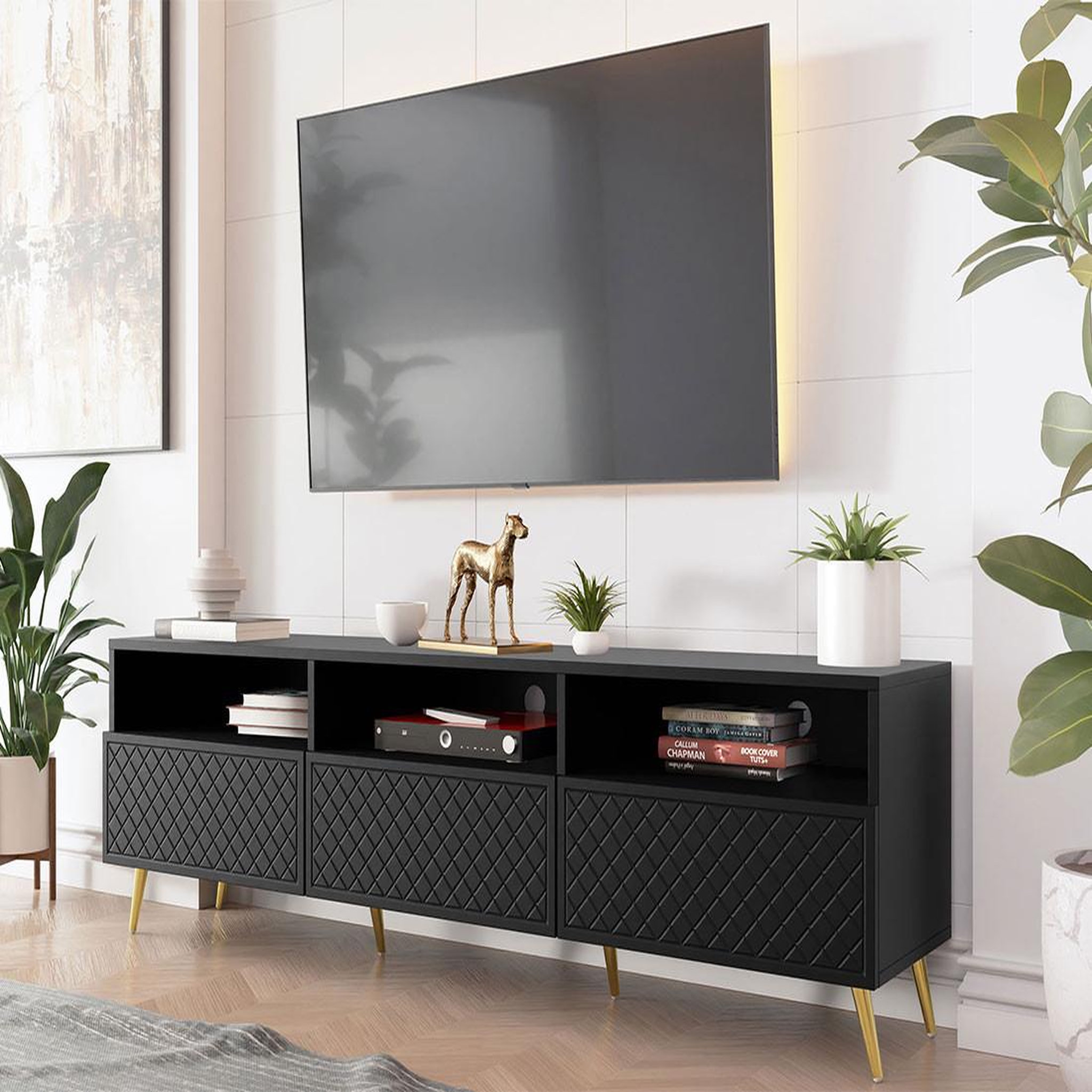 Voir la diapositive 3 : BEST MOBILIER Sorolla - meuble tv - 3 tiroirs et 3 niches - 195 cm