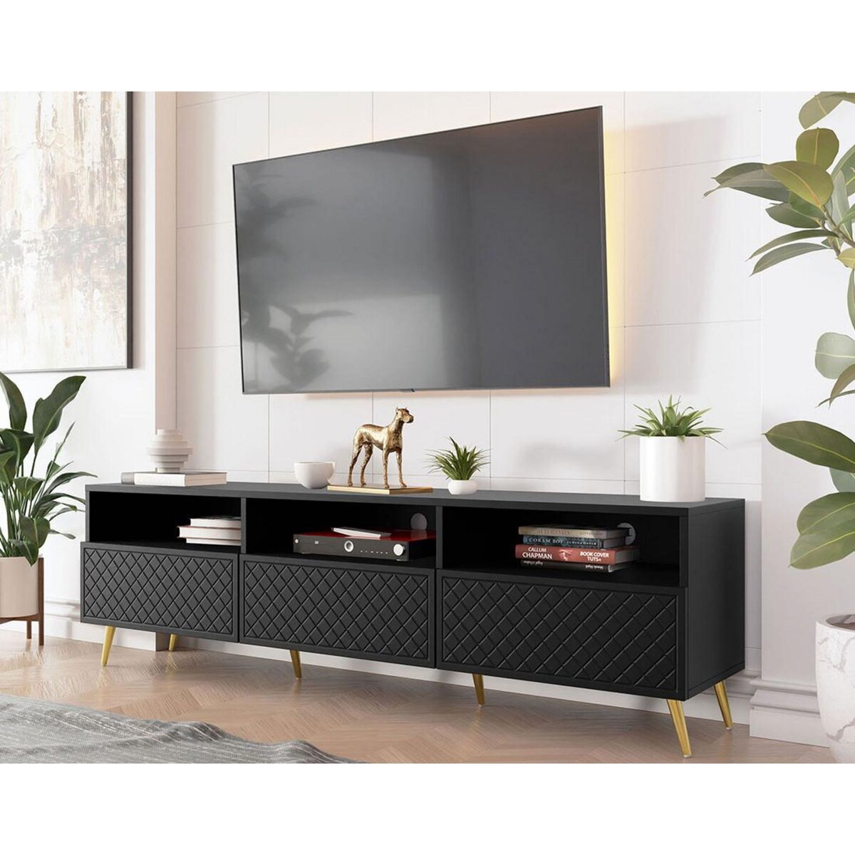 BEST MOBILIER Sorolla - meuble tv - 3 tiroirs et 3 niches - 195 cm