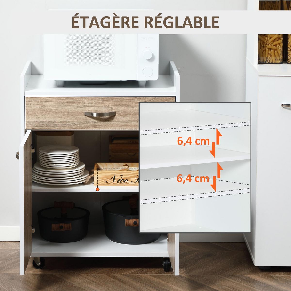 HOMCOM Chariot de service desserte de cuisine à roulettes tiroir placard 2 portes étagère panneaux particules blanc aspect chêne clair