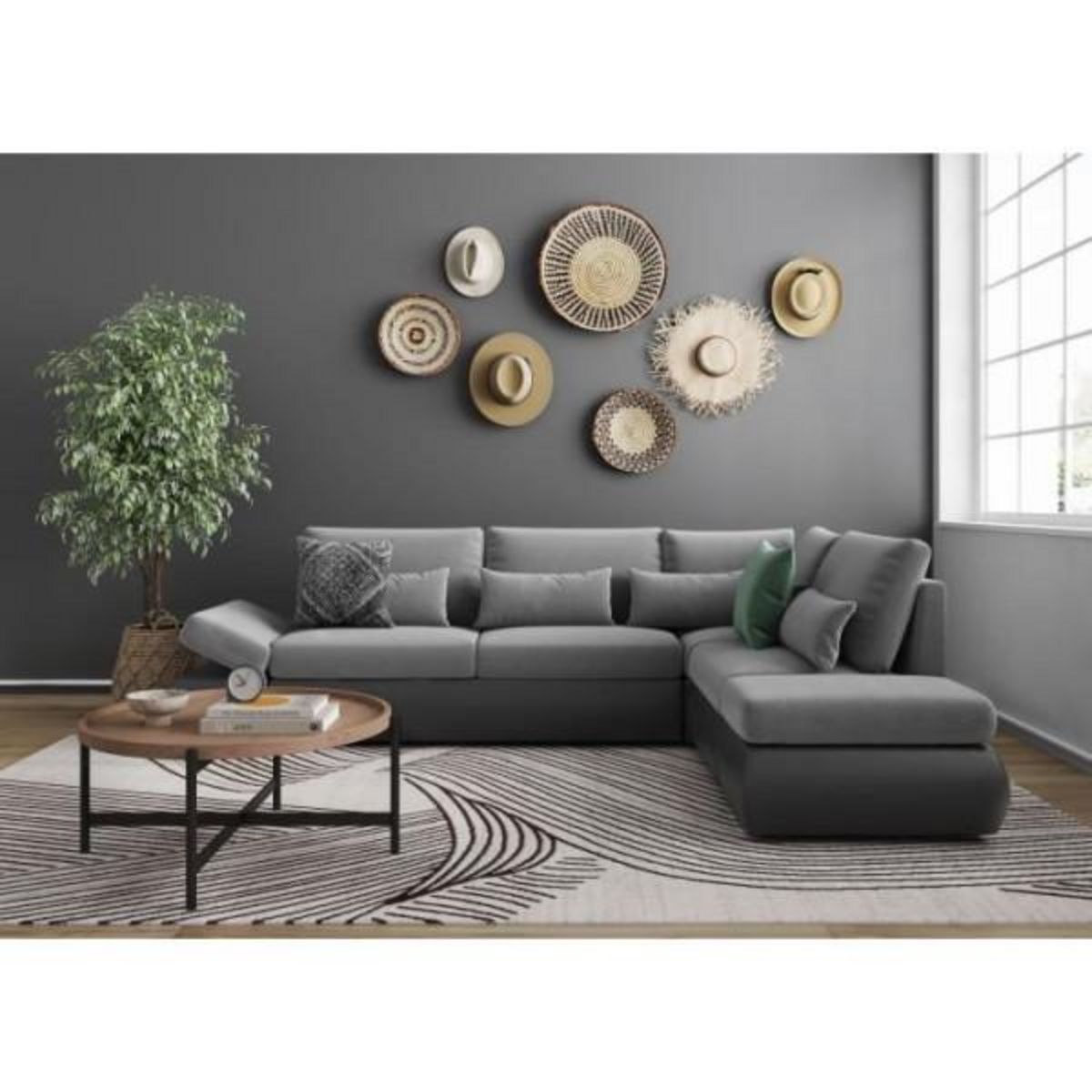 LOUNGITUDE Canapé d'angle réversible convertible SEVARA 4 places - PU et tissu Gris - Coffre de rangement - L267 x P200 x H90 cm