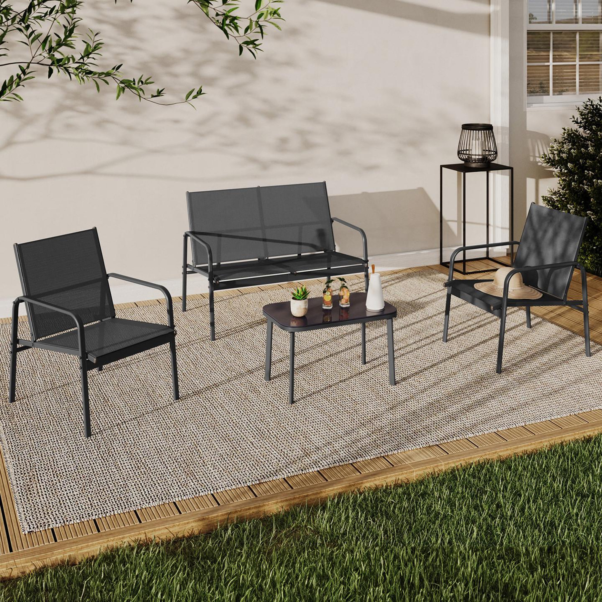 Voir la diapositive 2 : ID MARKET Salon de jardin bas TOLEDE 4 places avec canapé, fauteuils et table gris anthracite