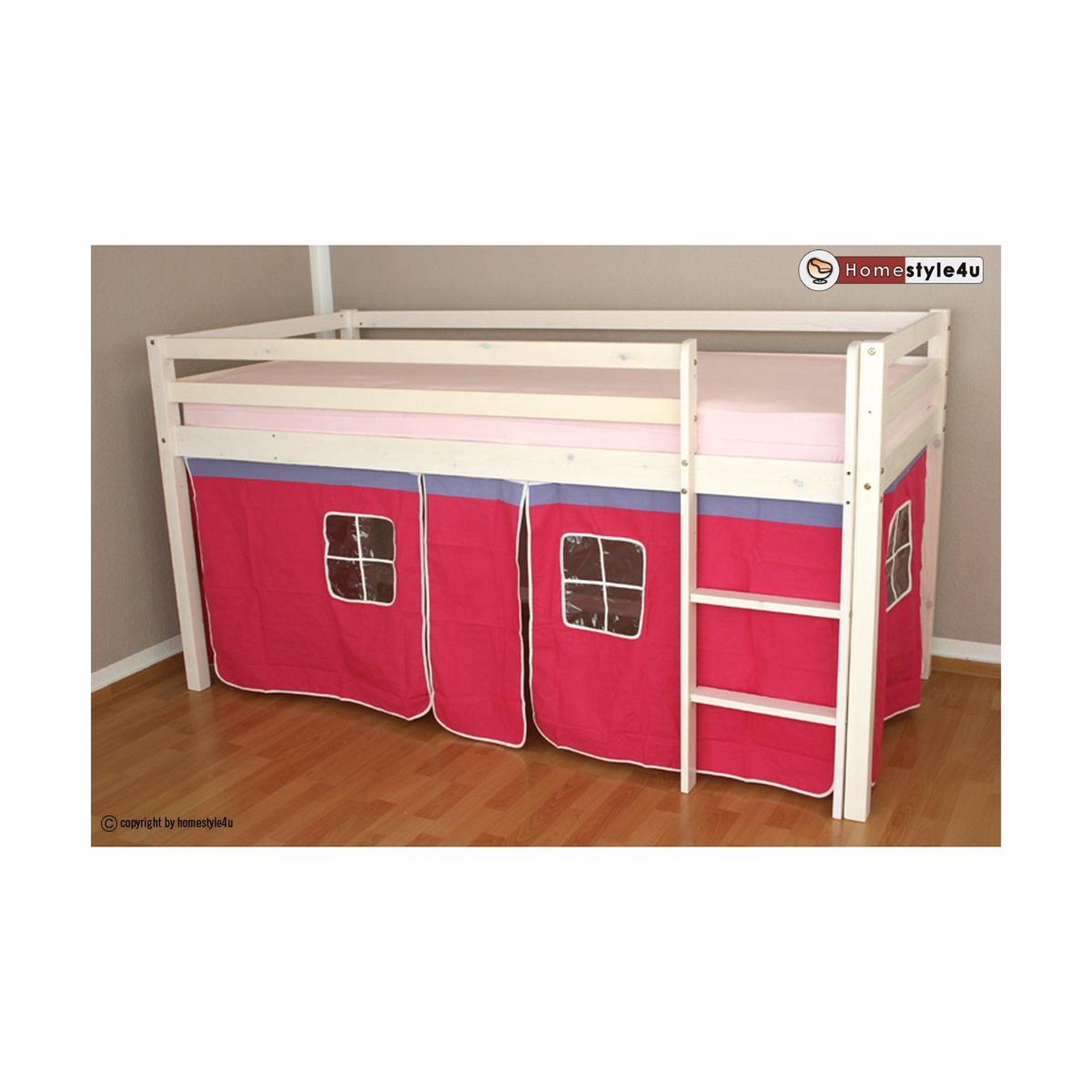 HomeStyle4U Lit Simple Blanc 90x200 en hauteur avec echelle et rideau fuchsia