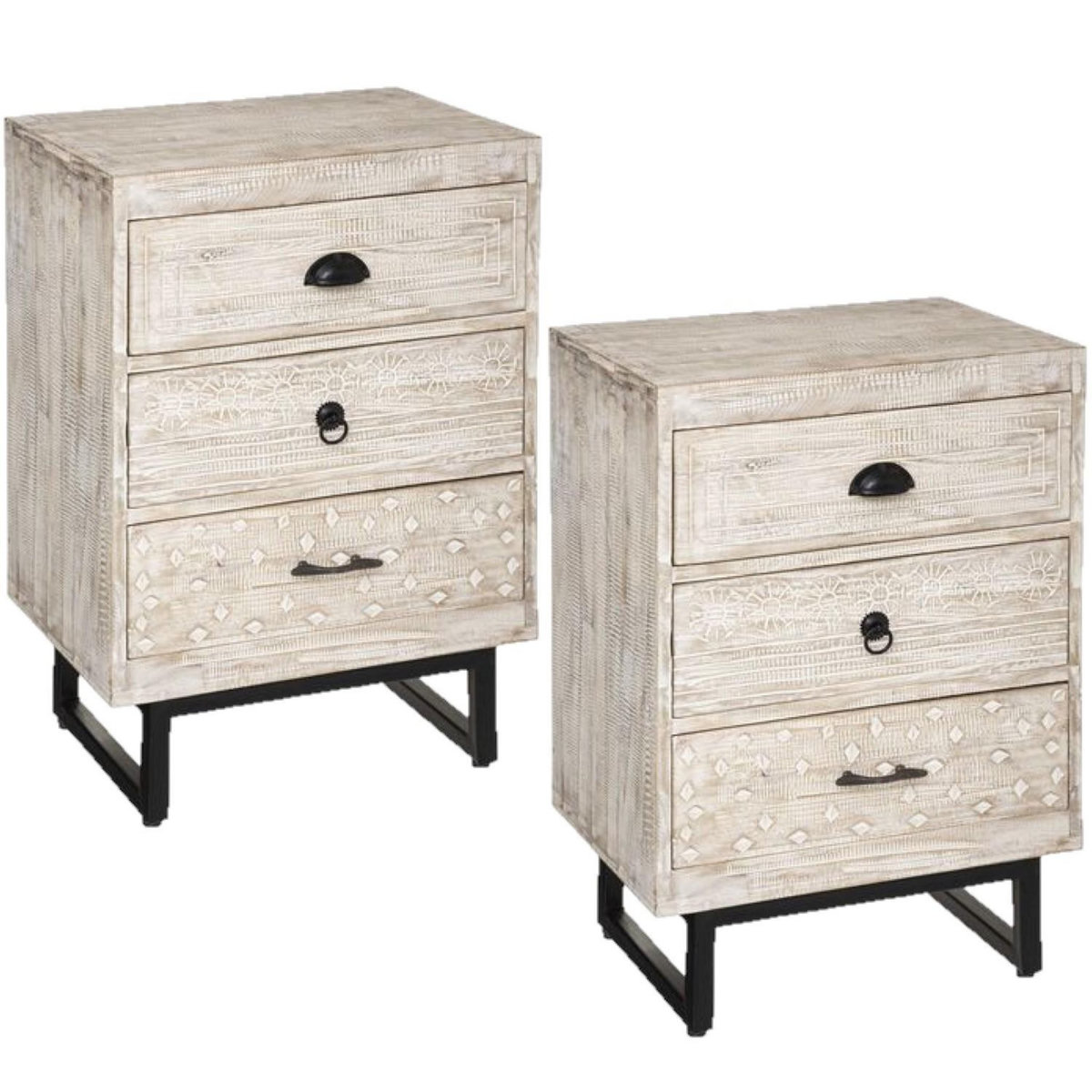 TOILINUX Lot de 2 Tables de chevet 3 tiroirs Ajay - Beige et noir