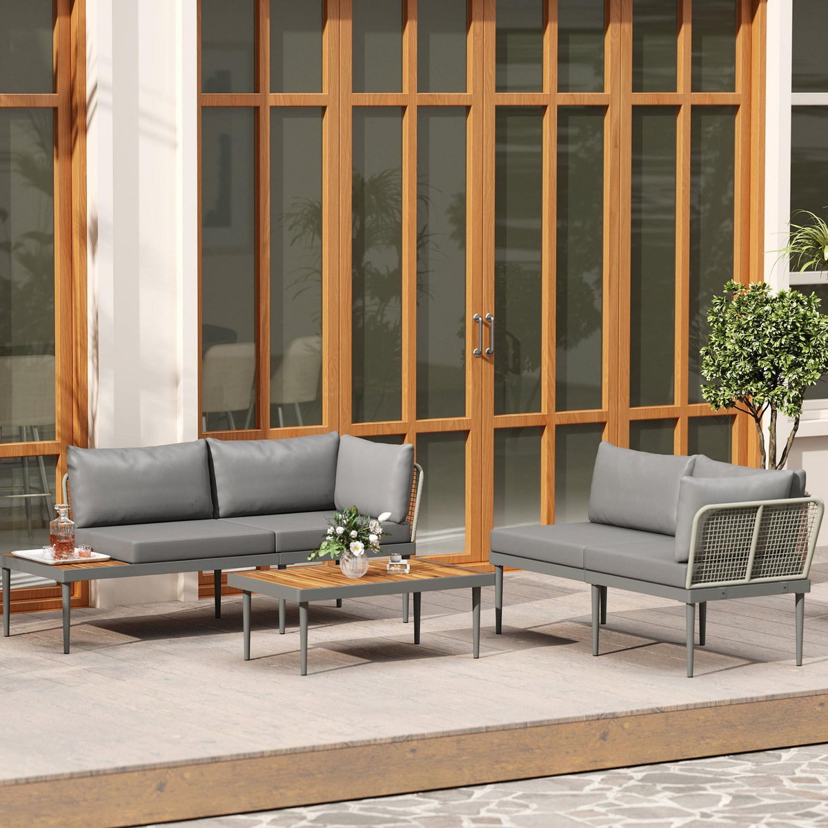 OUTSUNNY Salon de jardin design modulable 4 places 3 pièces acier coussins gris étagère plateau bois acacia