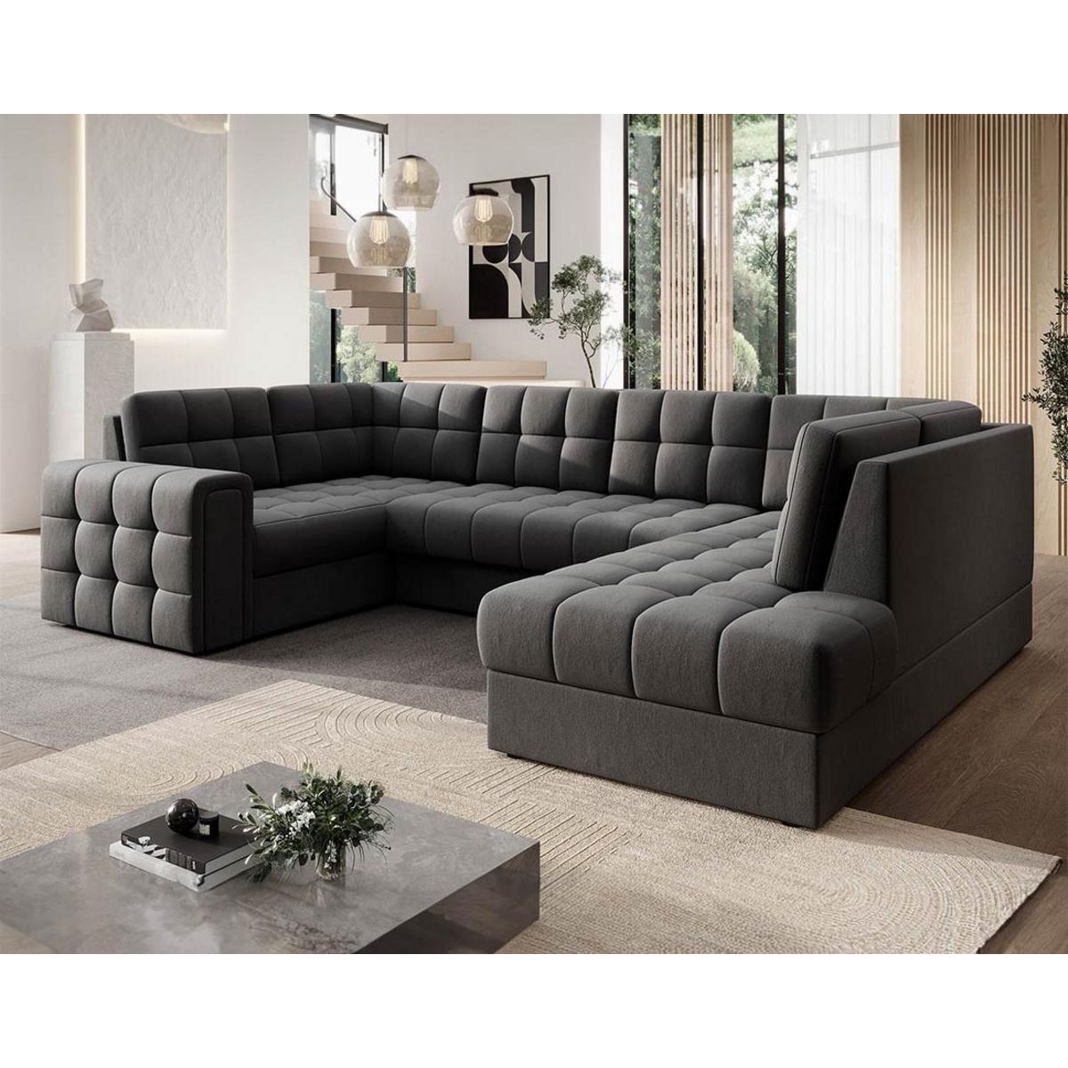 BEST MOBILIER Nappa - canapé panoramique d'angle gauche 7 places convertible avec coffre en velours