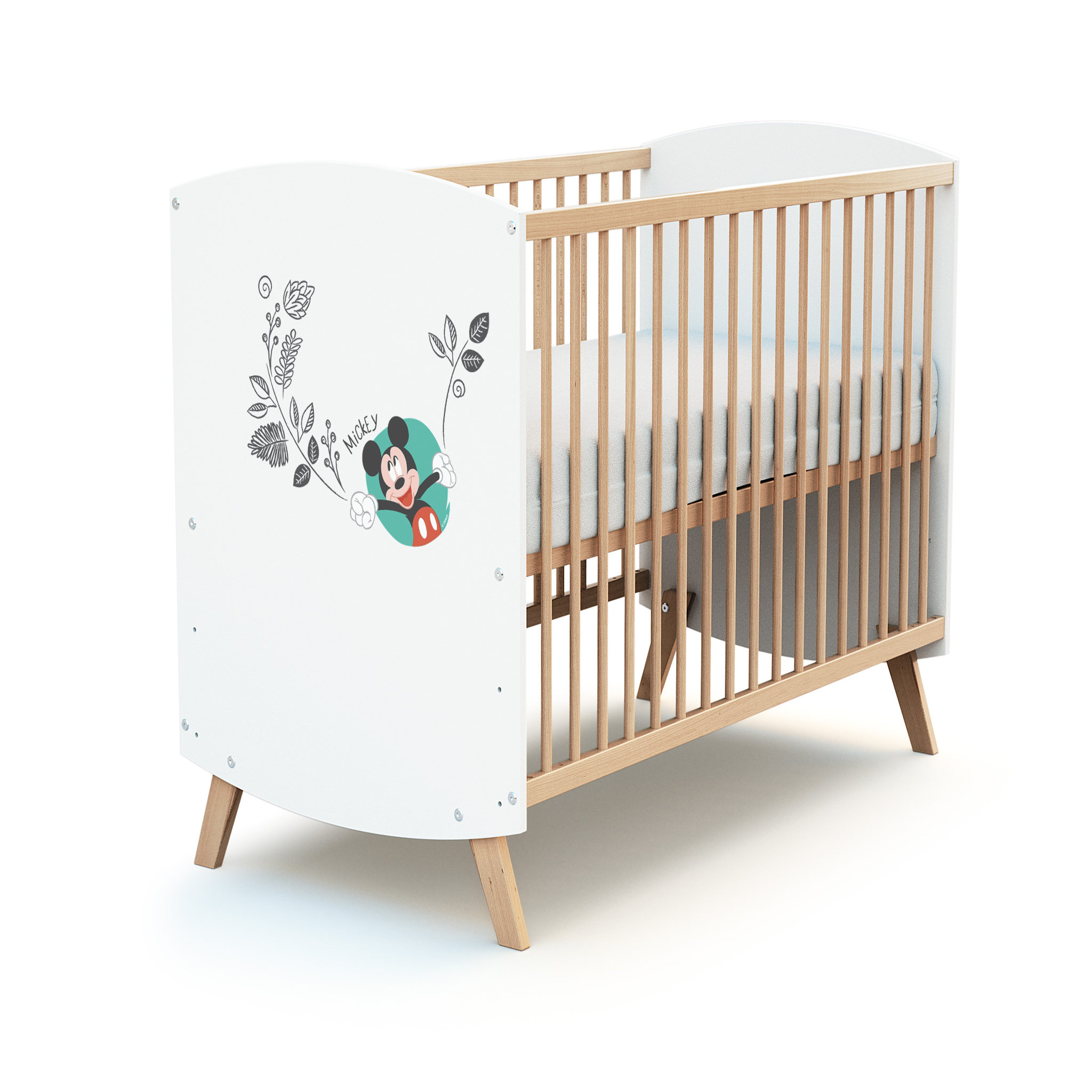 Voir la diapositive 2 : AT4 Lit bébé 60x120 cm MICKEY DISNEY Blanc et Hêtre Verni
