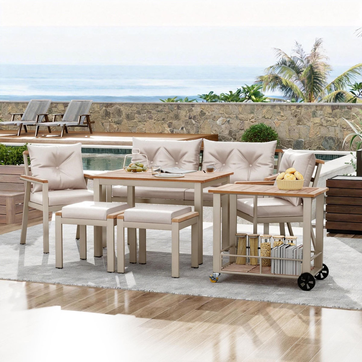 MERAX Salon de jardin 6-7 places avec table, chaises, canapé et chariot amovible