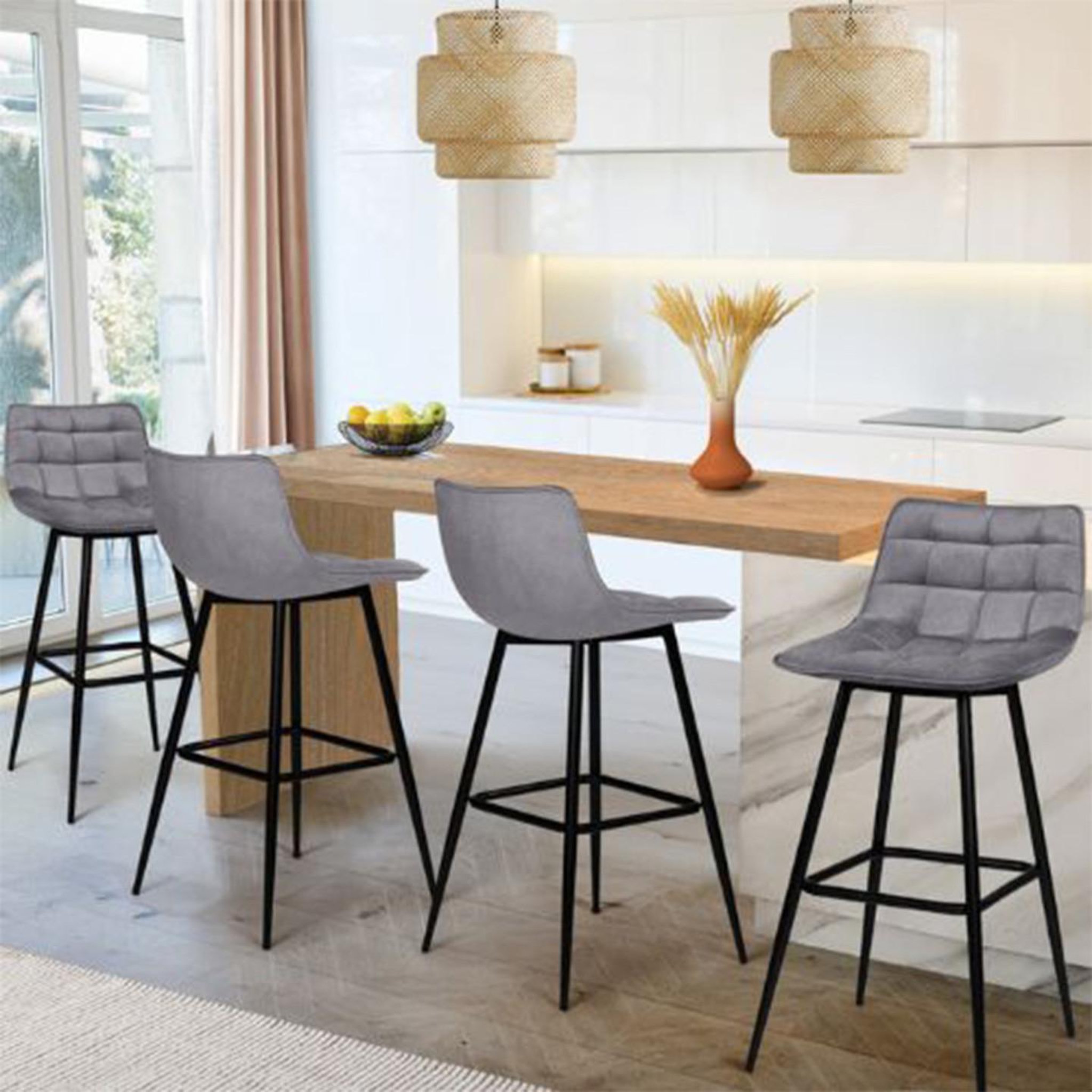 Voir la diapositive 2 : ID MARKET Lot de 4 tabourets de bar mady en velours gris clair
