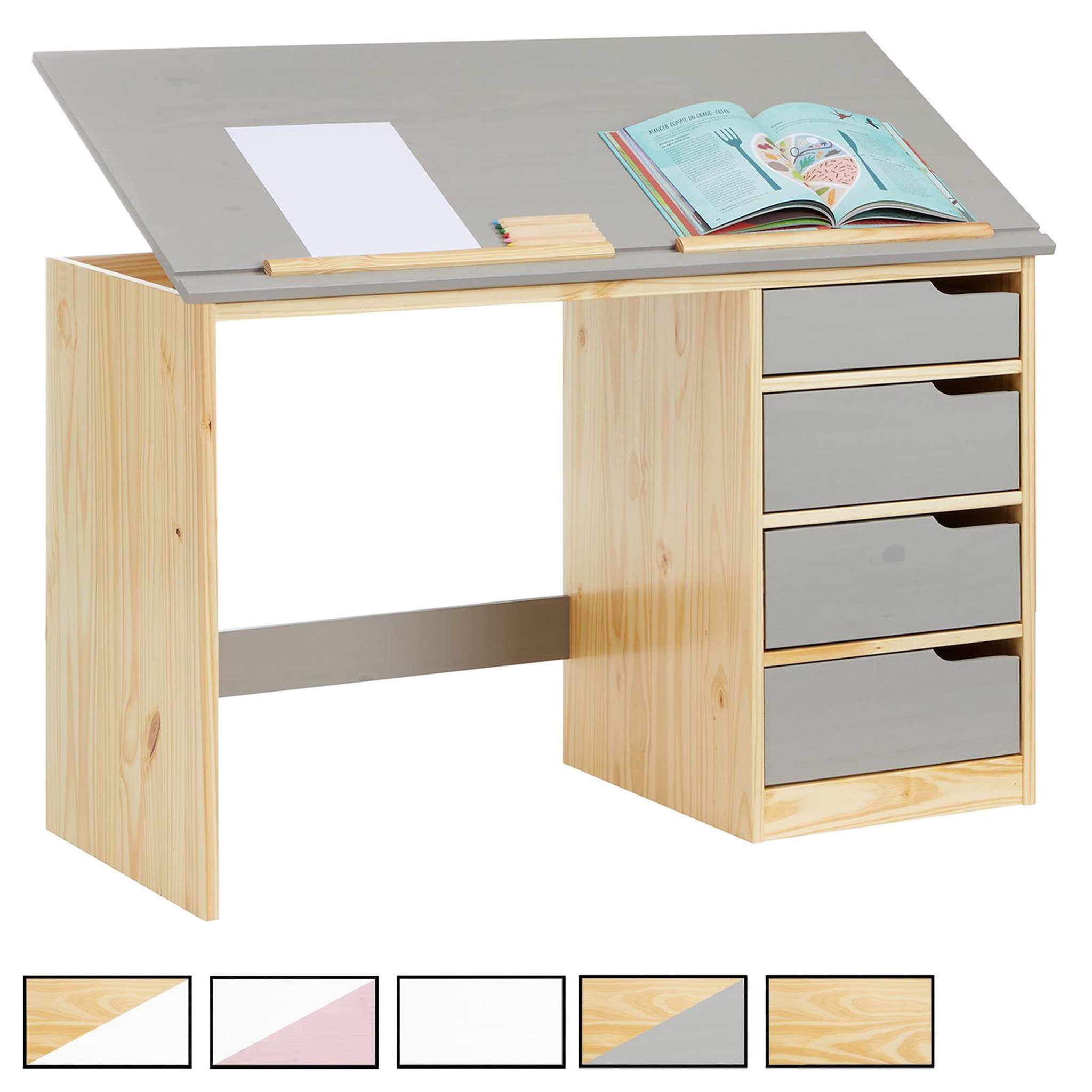 IDIMEX Bureau enfant EMMA, en pin massif, 4 tiroirs et plateau inclinable. Coloris disponibles : Marron, Bicolore, Blanc