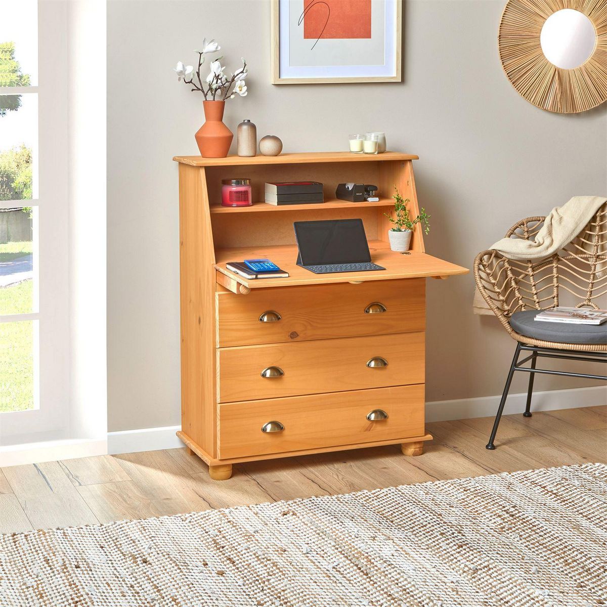 IDIMEX Bureau secrétaire GOMES avec 3 tiroirs en pin massif