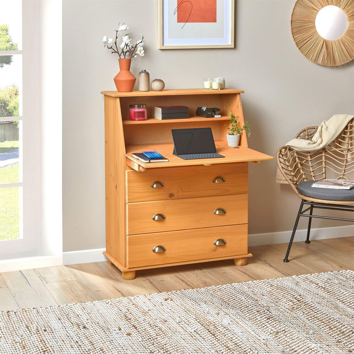 IDIMEX Bureau secrétaire GOMES avec 3 tiroirs en pin massif