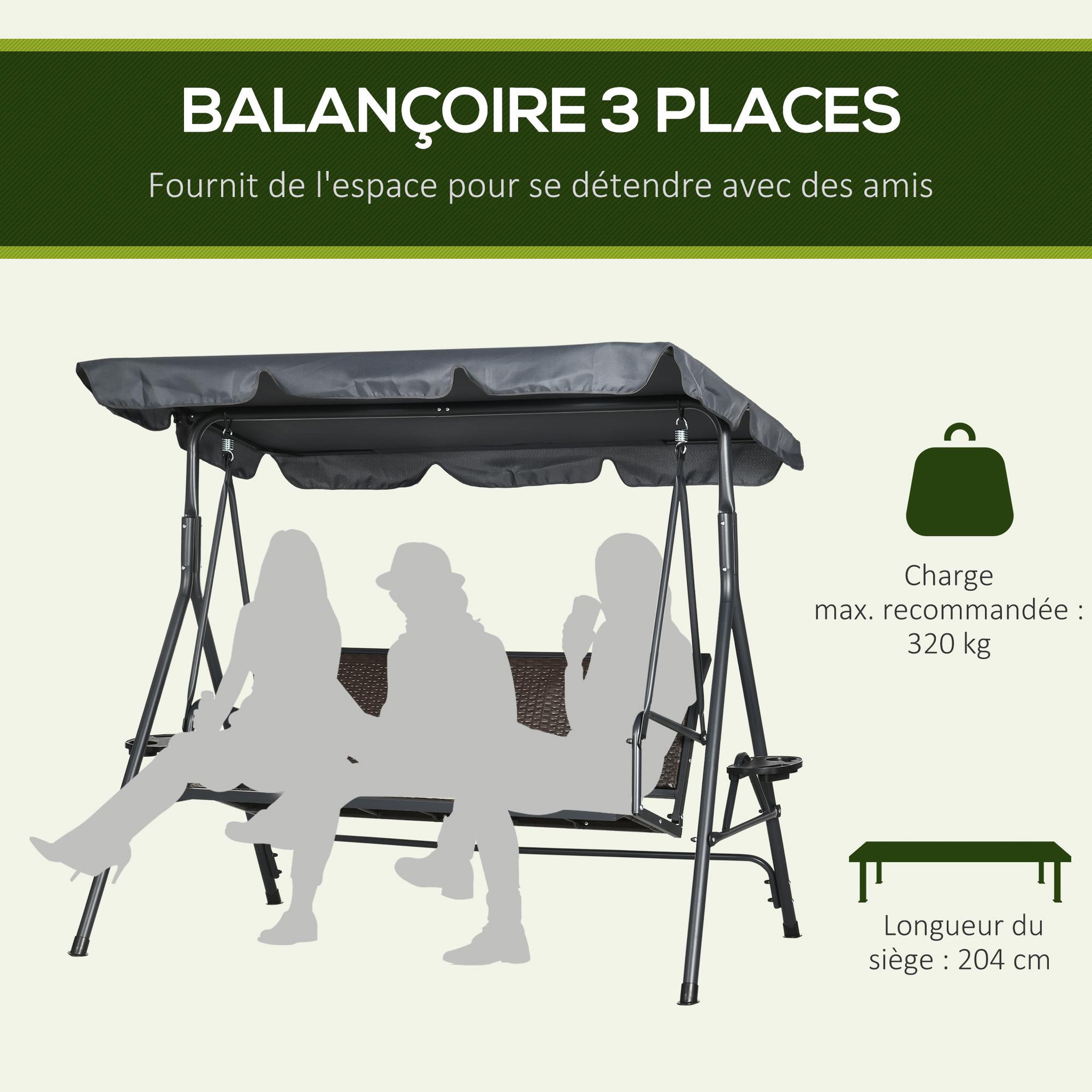 Voir la diapositive 4 : OUTSUNNY Balancelle de jardin 3 places - auvent réglable, plateaux porte-gobelets - résine tressée acier gris brun