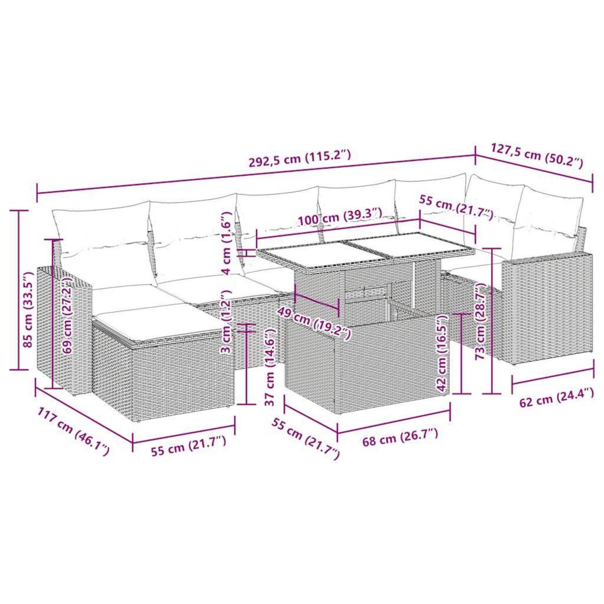 VIDAXL Salon de jardin avec coussins 8 pcs beige resine tressee