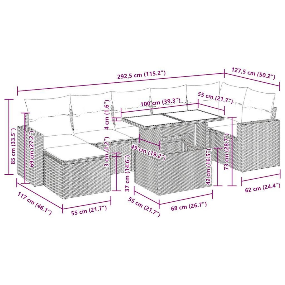 VIDAXL Salon de jardin avec coussins 8 pcs beige resine tressee
