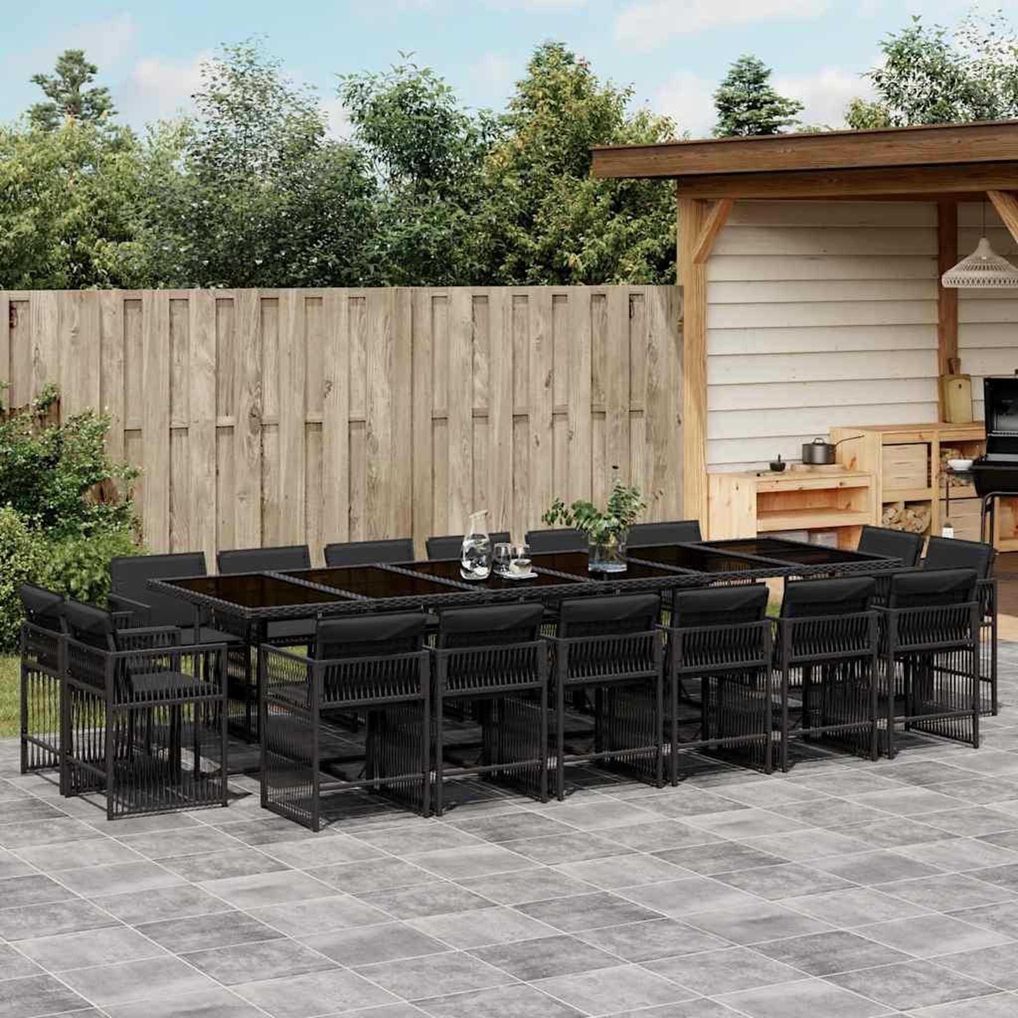 VIDAXL Ensemble a manger de jardin 17 pcs coussins noir resine tressee