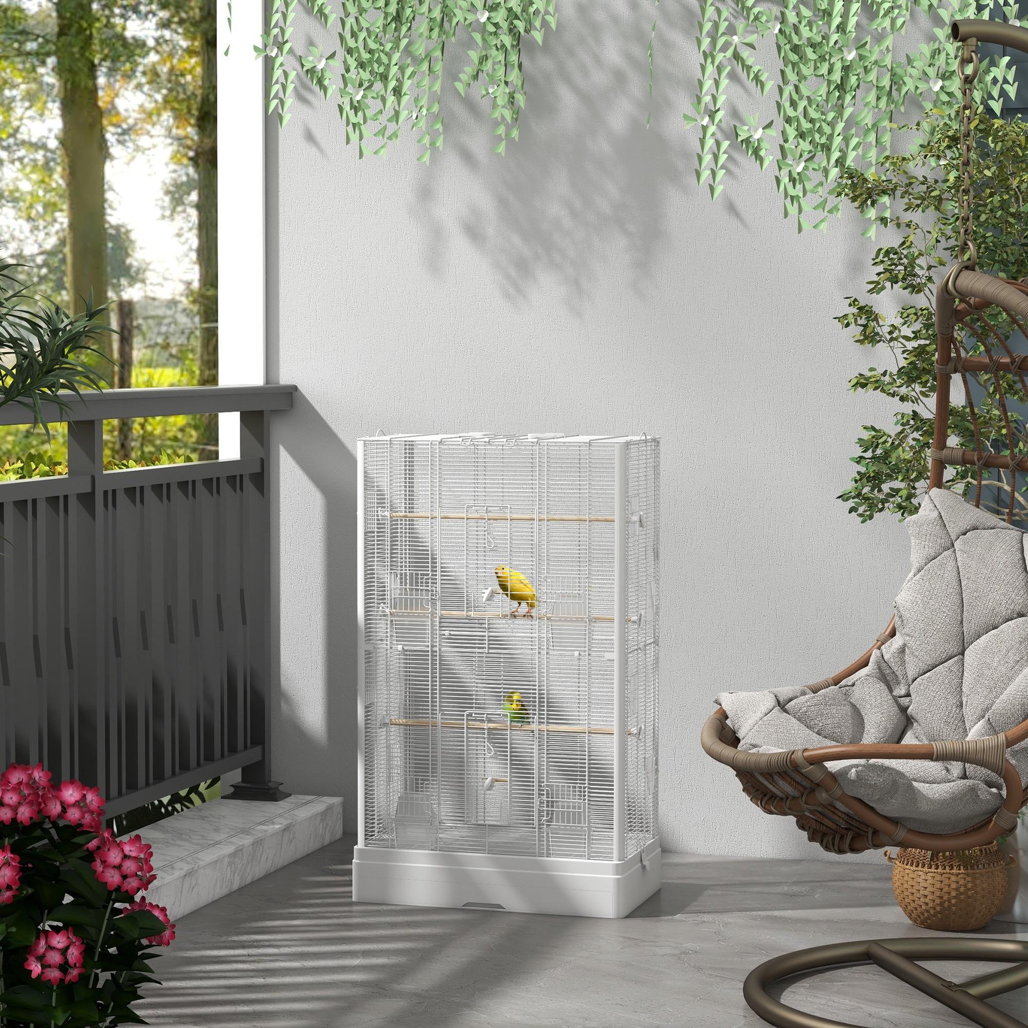 Voir la diapositive 2 : PAWHUT Cage à oiseaux volière avec portes perchoirs - 61 x 36,5 x 98 cm - blanc